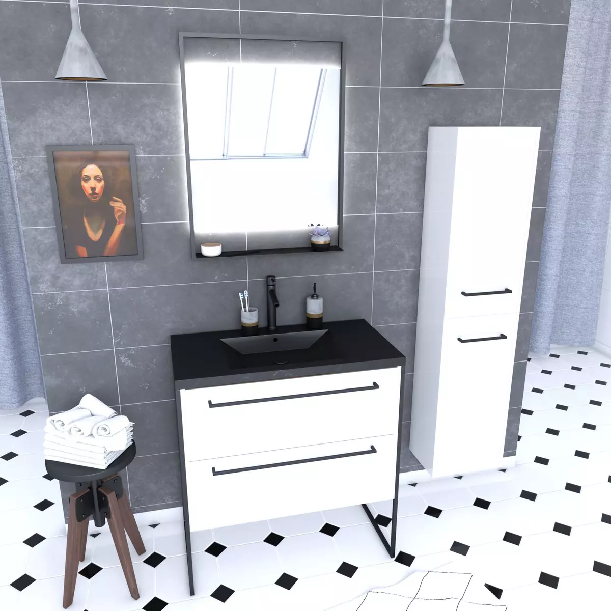 Aurlane Pack meuble salle de bain + colonne - 80x50 -2 tiroirs noir - vasque noir et miroir LED noir mat