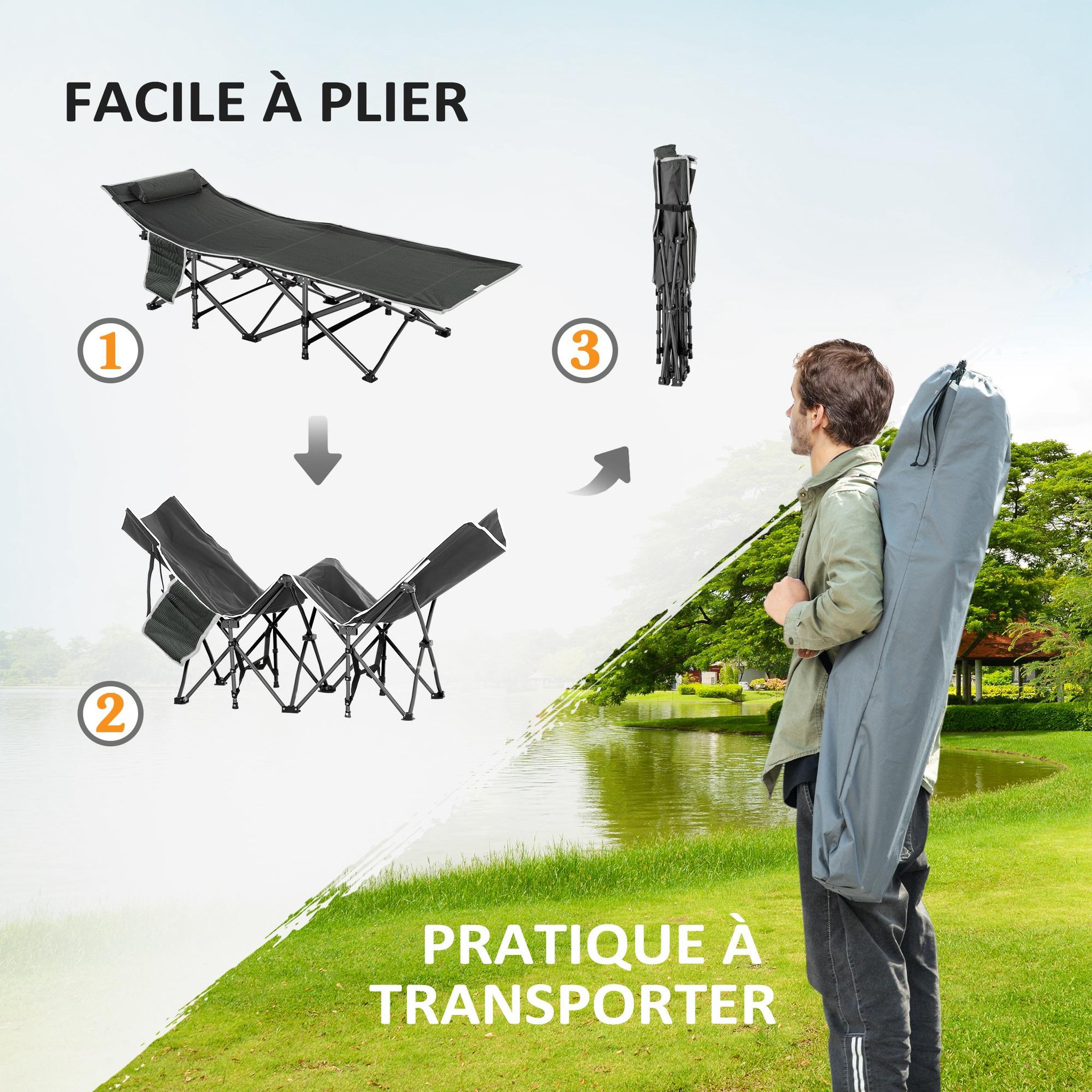 Voir la diapositive 6 : OUTSUNNY Lit de camp lit d'appoint pliable - pochette rangement, tétière, sac de transport, matelas inclus métal Oxford gris bleu