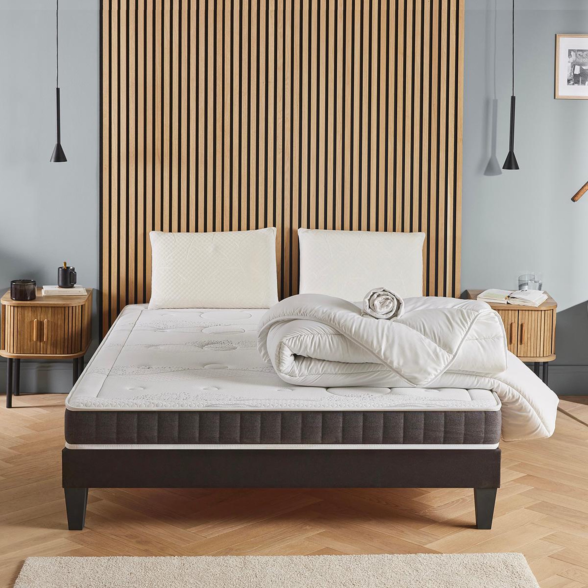 Voir la diapositive 2 : OLYMPE LITERIE Olympe literie | pack prêt à dormir intuition | matelas mémoire de forme + sommier bois + accessoires
