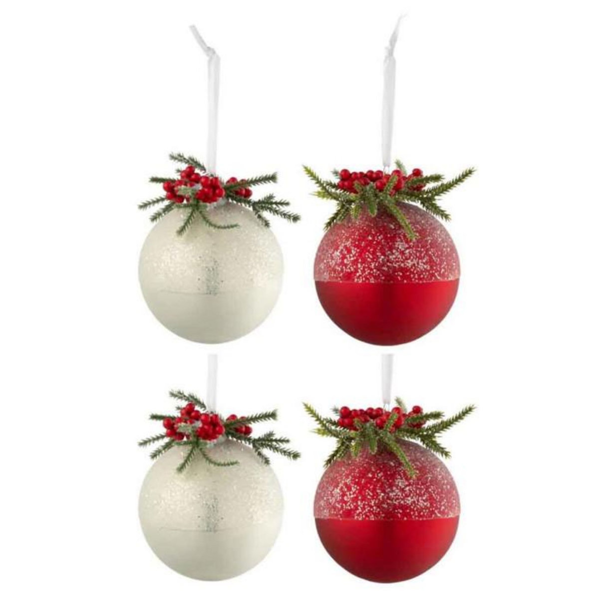Paris Prix Lot de 4 Boules de Noël  Baies Givrées  10cm Blanc & Rouge