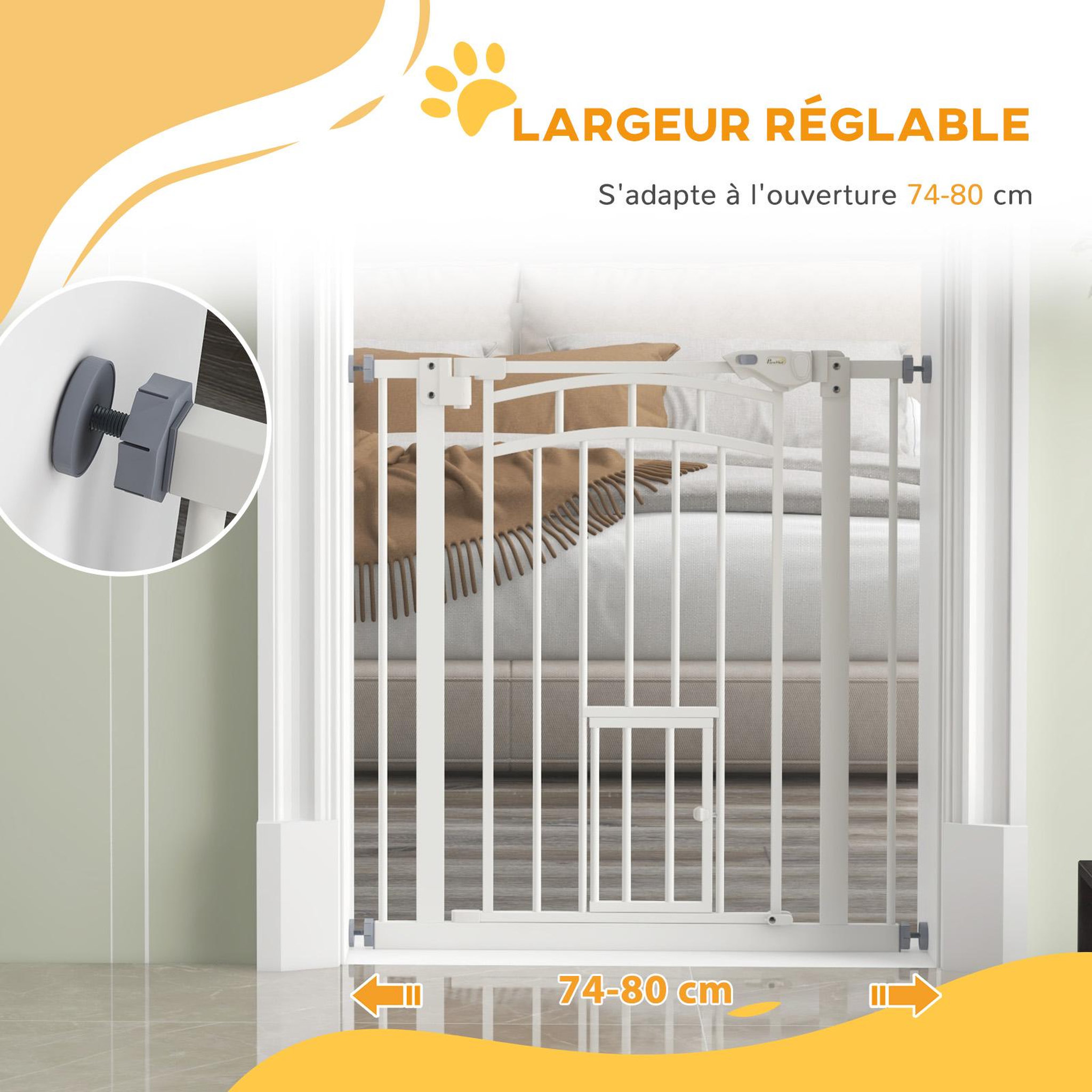 Voir la diapositive 6 : PAWHUT Barrière de sécurité pour chien - barrière à pression ajustable - double système de verrouillage - acier blanc