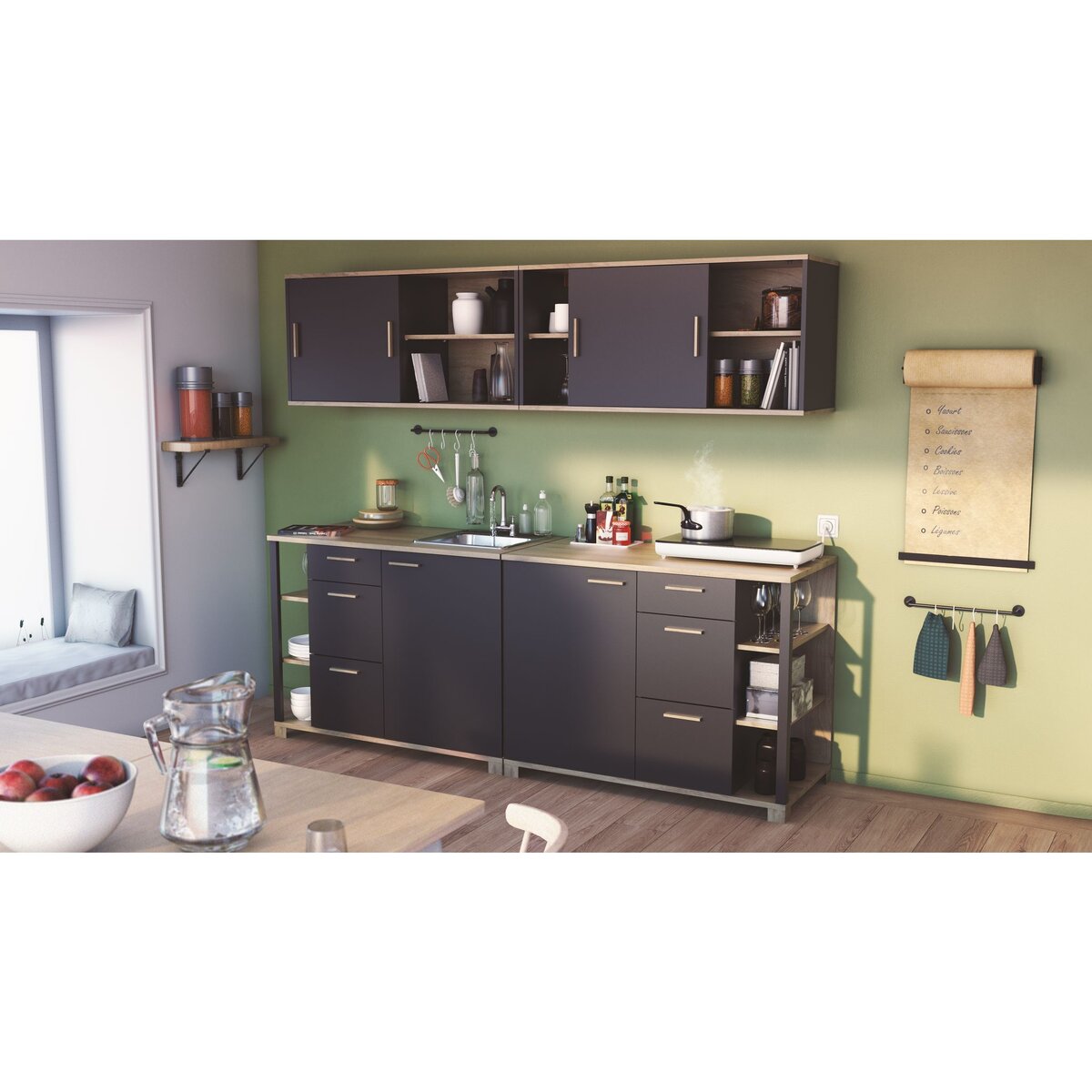 Meuble de cuisine bas 1 porte 3  tiroirs 3 niches style industriel L120cm MARKET