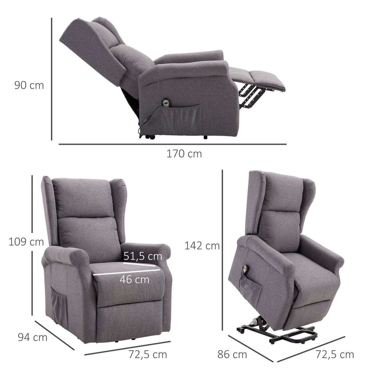 HOMCOM Fauteuil de relaxation électrique fauteuil releveur inclinable avec repose-pied ajustable lin gris chiné
