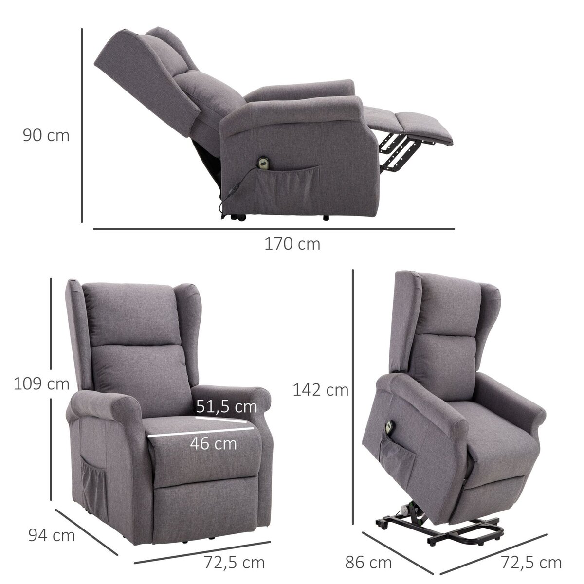 HOMCOM Fauteuil de relaxation électrique fauteuil releveur inclinable avec repose-pied ajustable lin gris chiné
