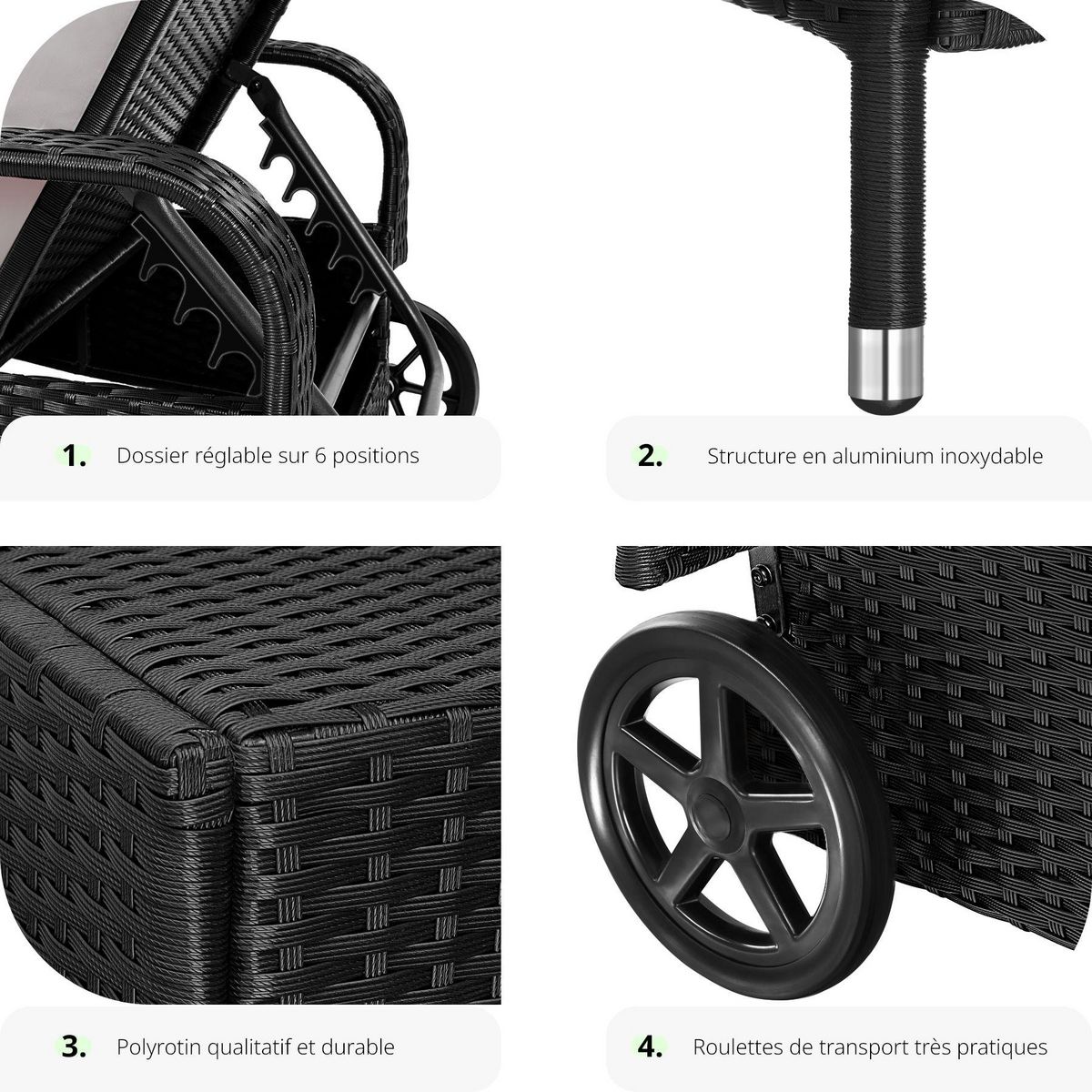 tectake Bain de soleil Transat en rotin Avec cadre en aluminium noir