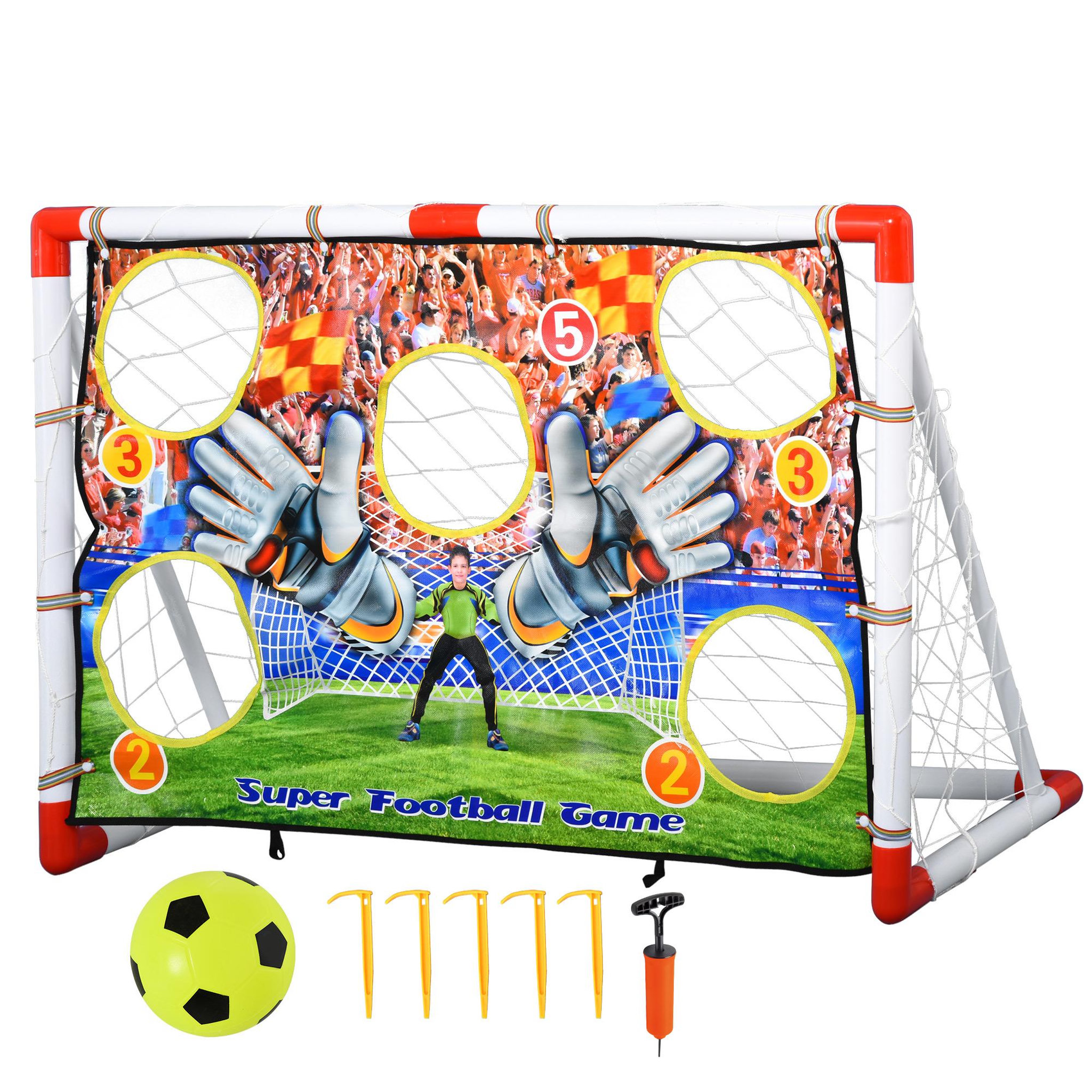 Voir la diapositive 1 : HOMCOM Cage de foot but d'entrainement 2 en 1 but de football futsal mur de tir amovible avec 5 cibles dim. 116L x 48l x 76H cm balle et gonfleur inclus