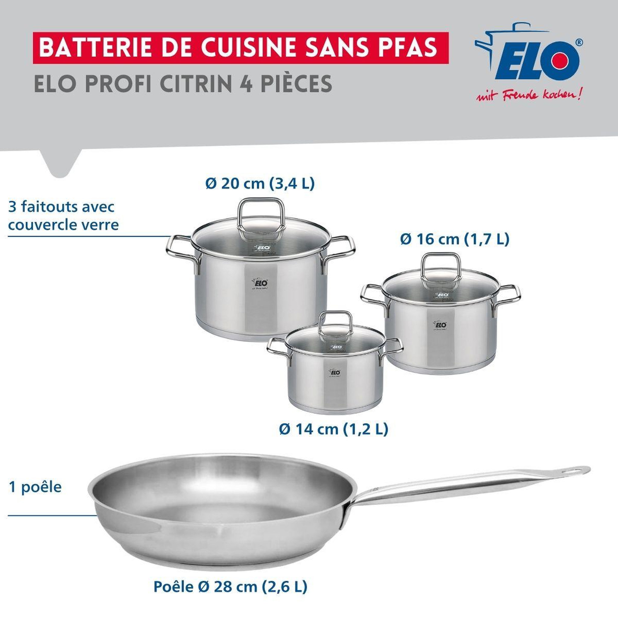 Voir la diapositive 2 : ELO Ensemble de 1 poêle de cuisson 28 cm et 3 faitouts 14, 16 et 20 cm elo profi citrin