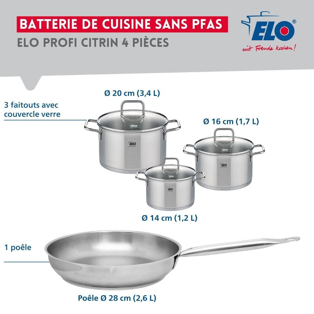 ELO Ensemble de 1 Poêle de cuisson 28 cm et 3 faitouts 14, 16 et 20 cm Elo Profi Citrin