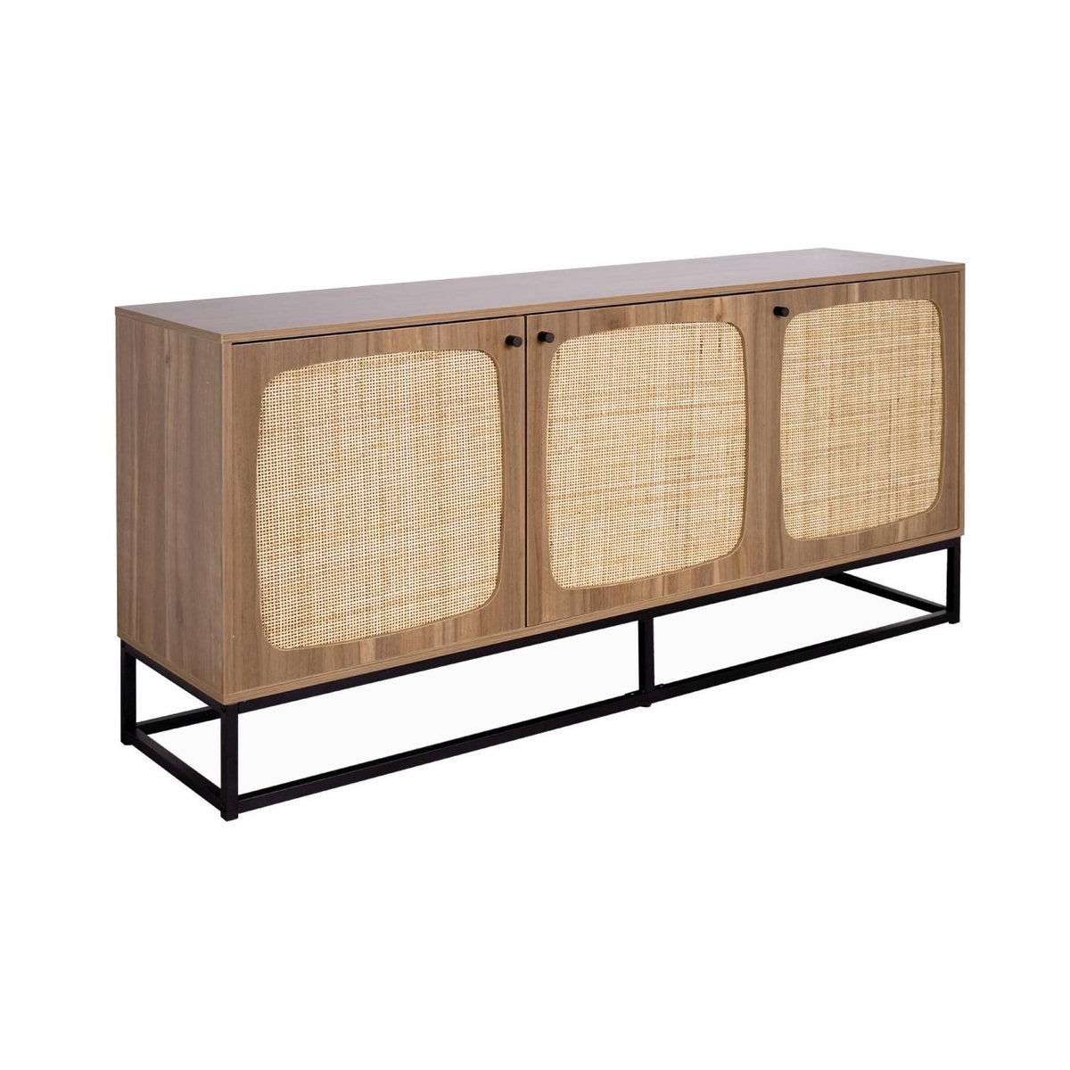 SWEEEK Buffet en décor bois et cannage arrondi. piètement et poignées en métal noir - 3 portes 160cm. buffet bas
