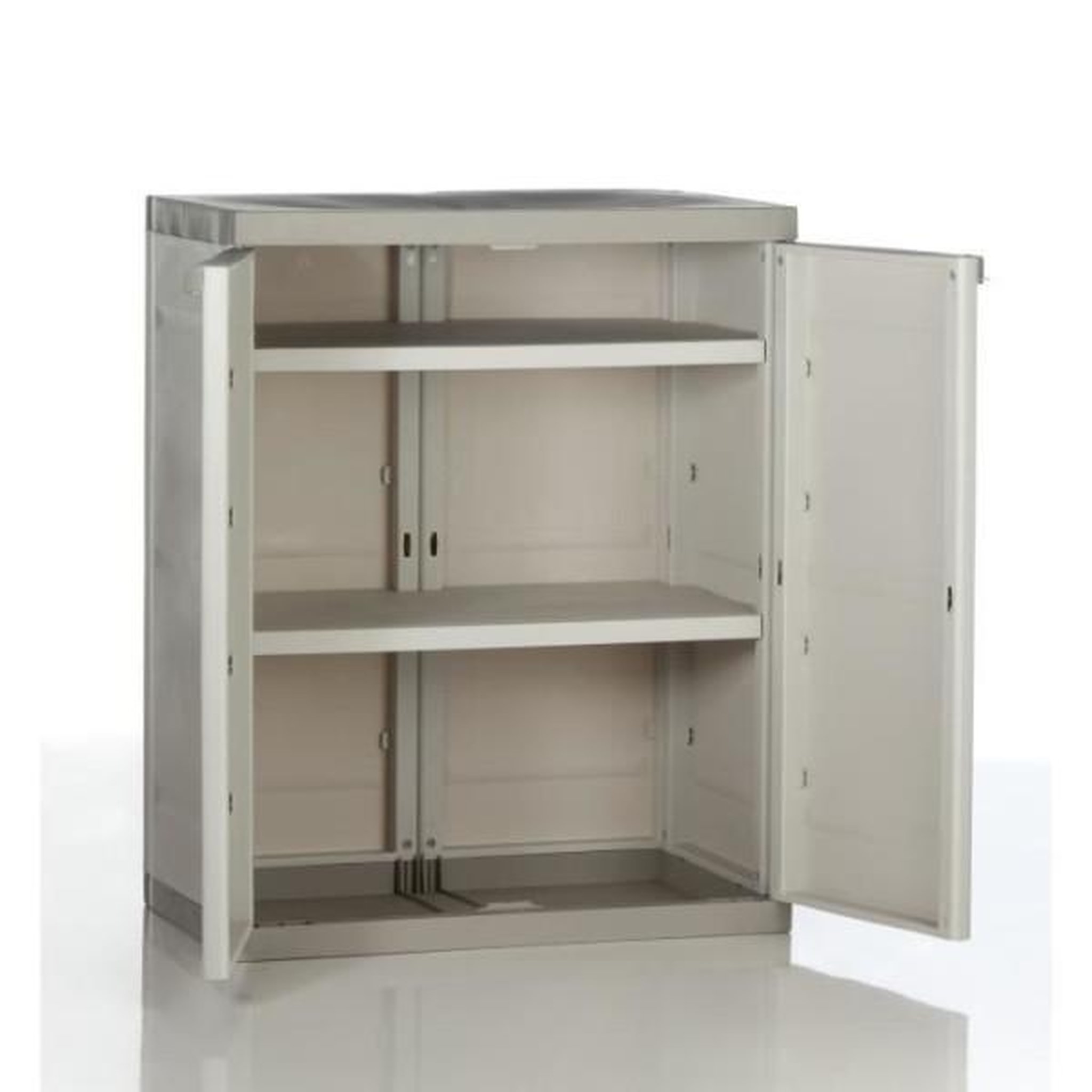 Voir la diapositive 2 : PLASTIKEN TITANIUM PLASTIKEN Armoire basse 2 portes avec étageres l70 x p44 x h88 cm Beige et Taupe Gamme TITANIUM Intérieur/Extérieur