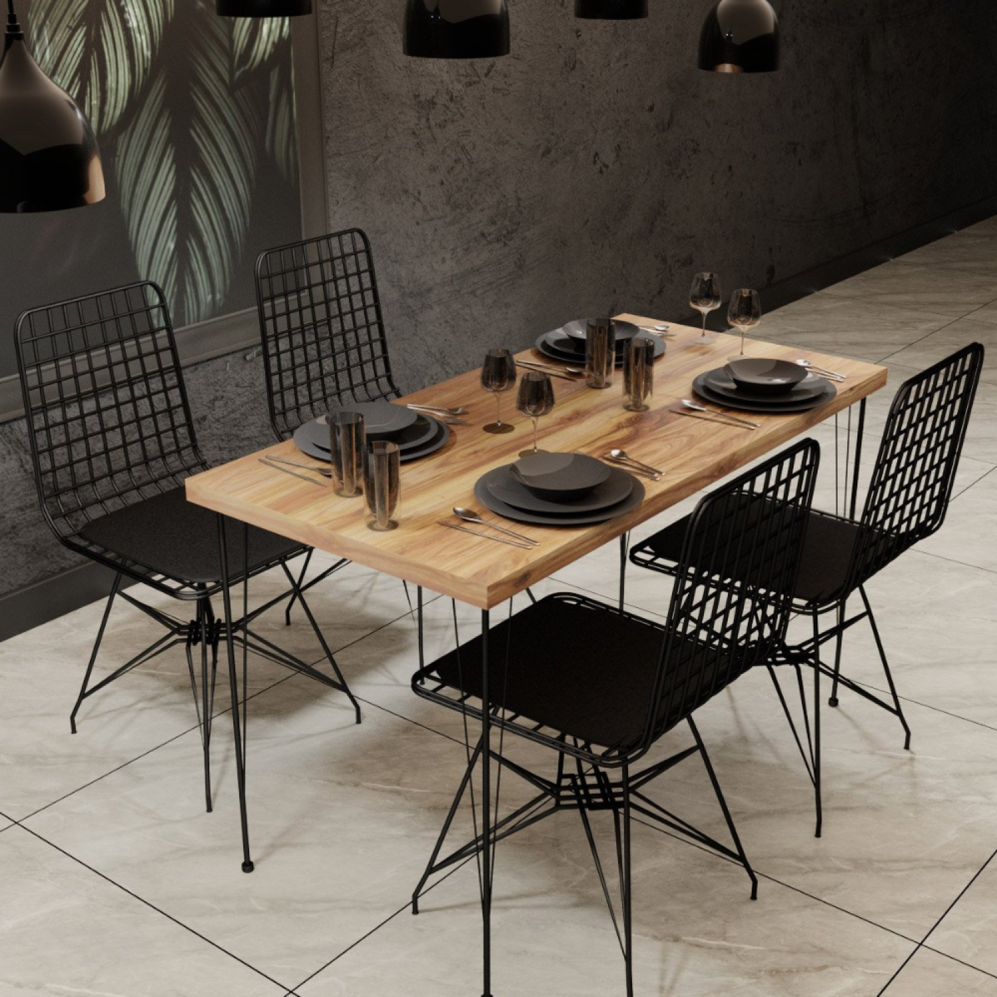 Voir la diapositive 2 : CONCEPT USINE Ensemble repas table et chaises industriel bois et noir square