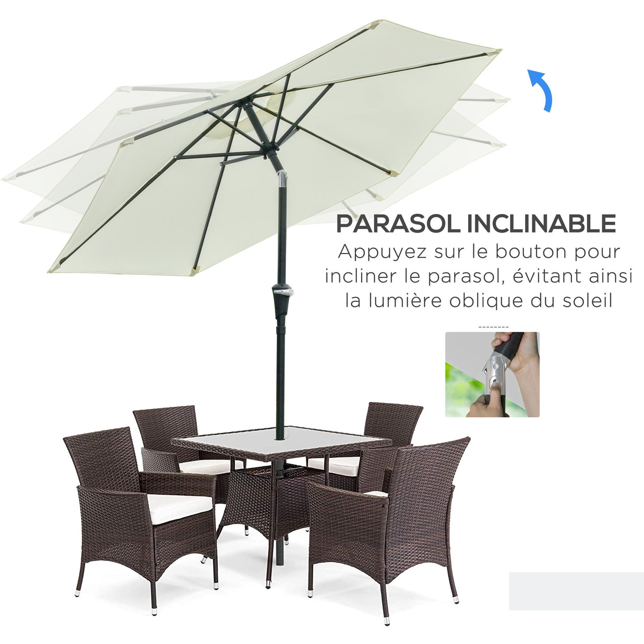 Voir la diapositive 4 : OUTSUNNY Parasol hexagonal inclinable dim. Ø 2,3 x 2,16H m métal polyester haute densité crème