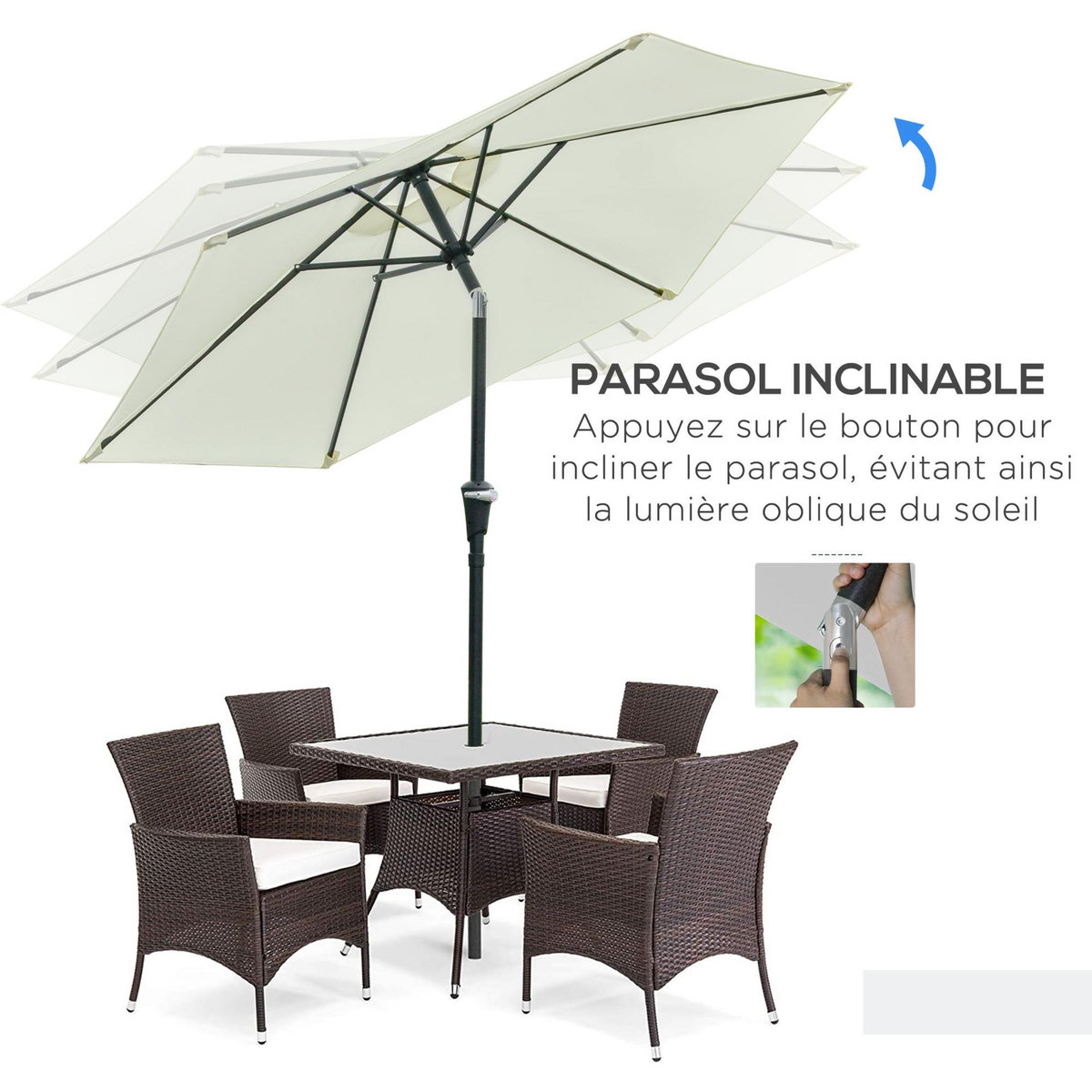 OUTSUNNY Parasol hexagonal inclinable dim. Ø 2,3 x 2,16H m métal polyester haute densité crème