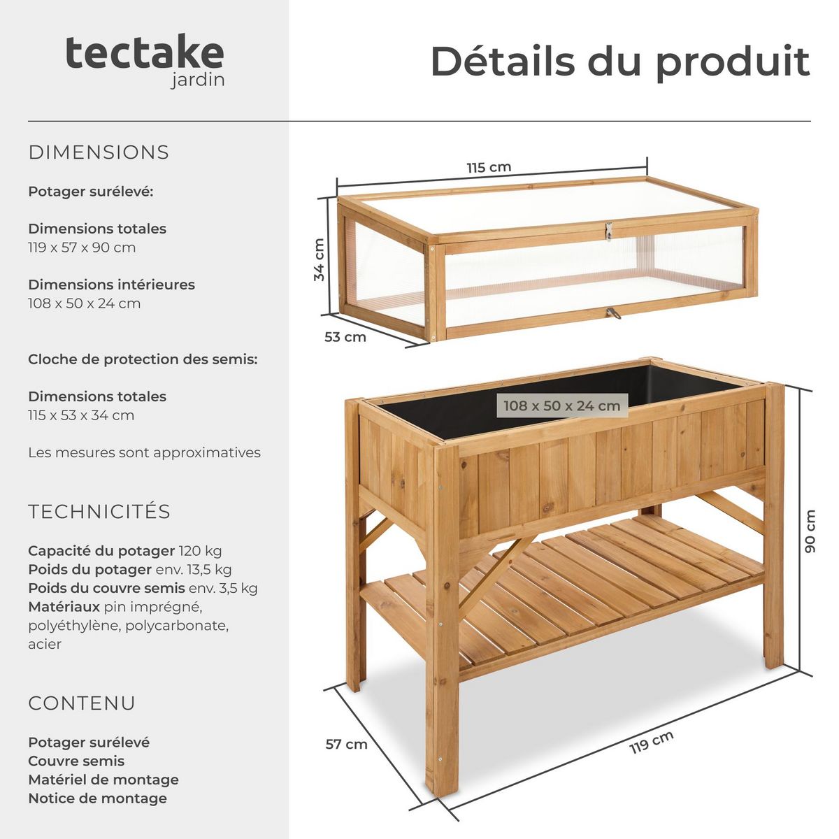 tectake Carré potager de jardin sur pied surélevé en bois de pin imprégné marron