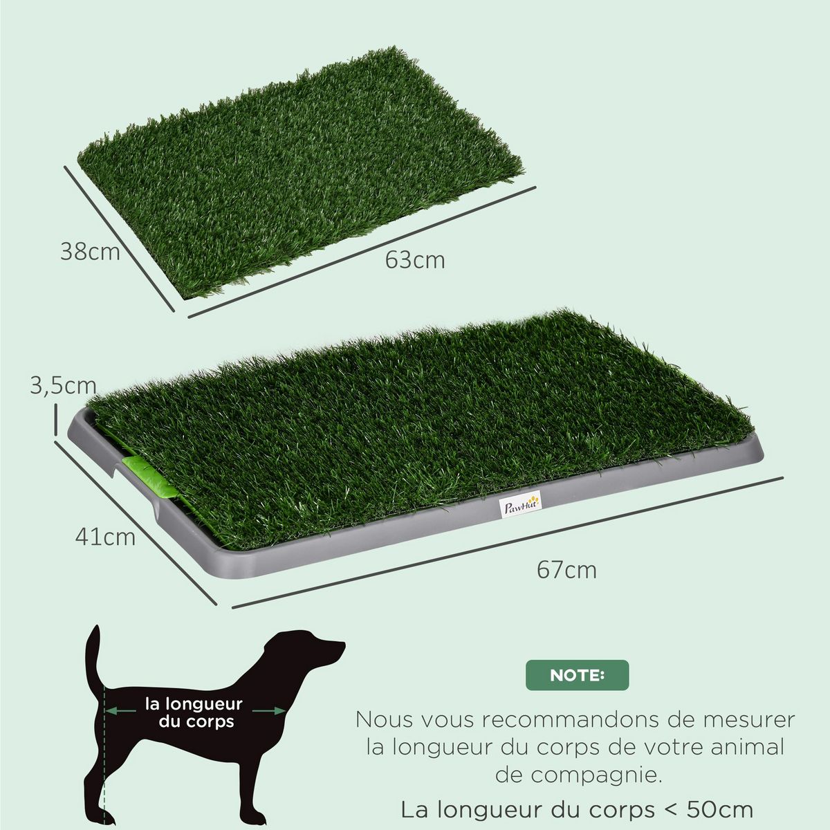 PAWHUT Toilette pour chien litière avec 2 tapis en gazon artificiel avec bac pour l'apprentissage de la propreté à l'intérieur et à l'extérieur, tapis d'entraînement pour Animaux, 67 x 41 cm