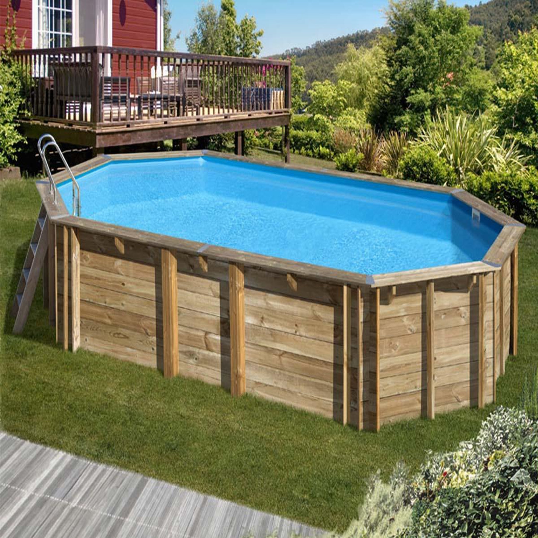 Voir la diapositive 2 : GRE Piscine bois Orange 7,55 x 4,56 x 1,46 m - Gré