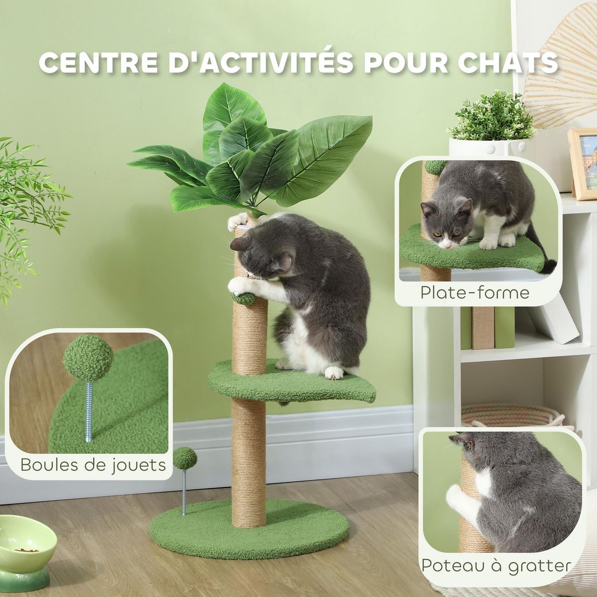 PAWHUT Arbre à chat design tropical - plateforme, griffoir, 2 jeux boules - beige vert