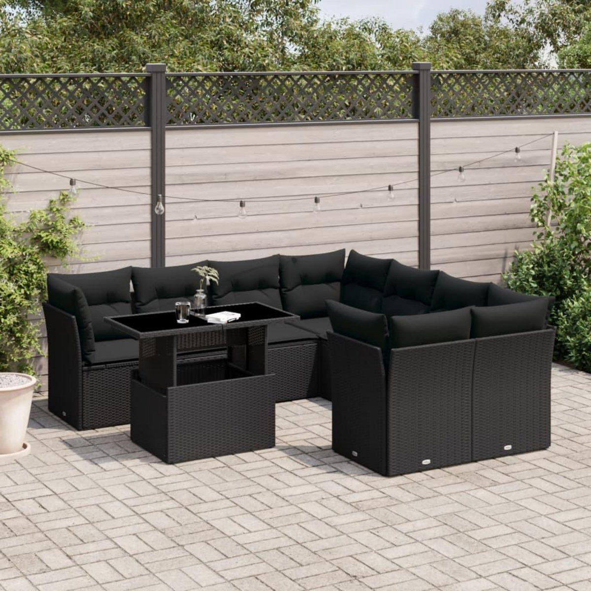 VIDAXL Salon de jardin 9 pcs avec coussins noir resine tressee