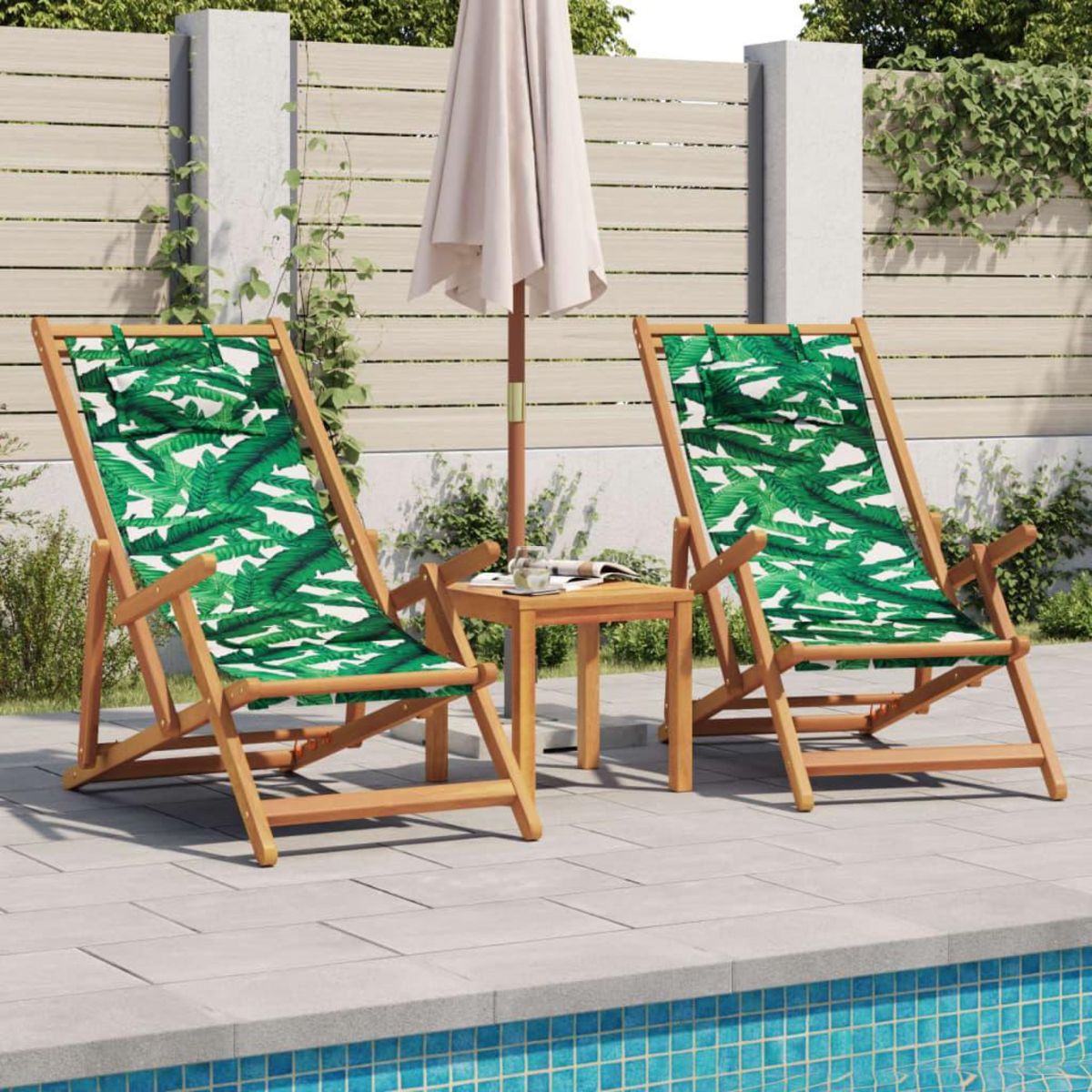 VIDAXL Chaise pliable plage motif de feuilles bois d'eucalyptus/tissu