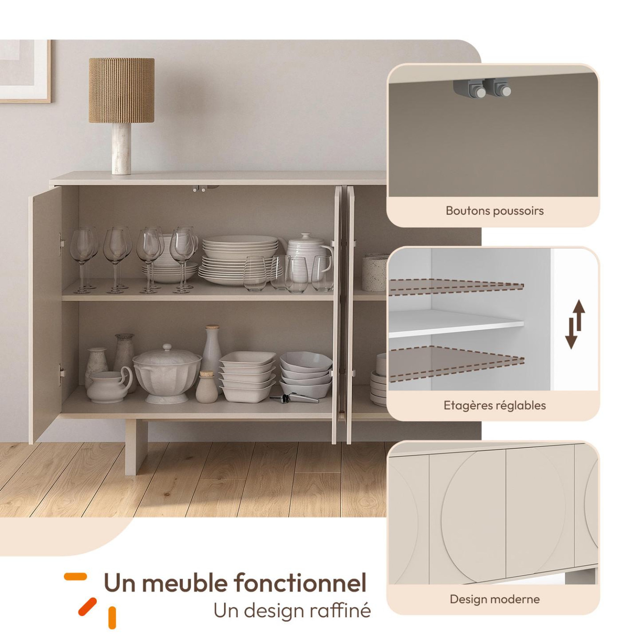 Voir la diapositive 3 : ID MARKET Buffet 160 cm ARVIN 4 portes avec reliefs arrondis bois coloris beige