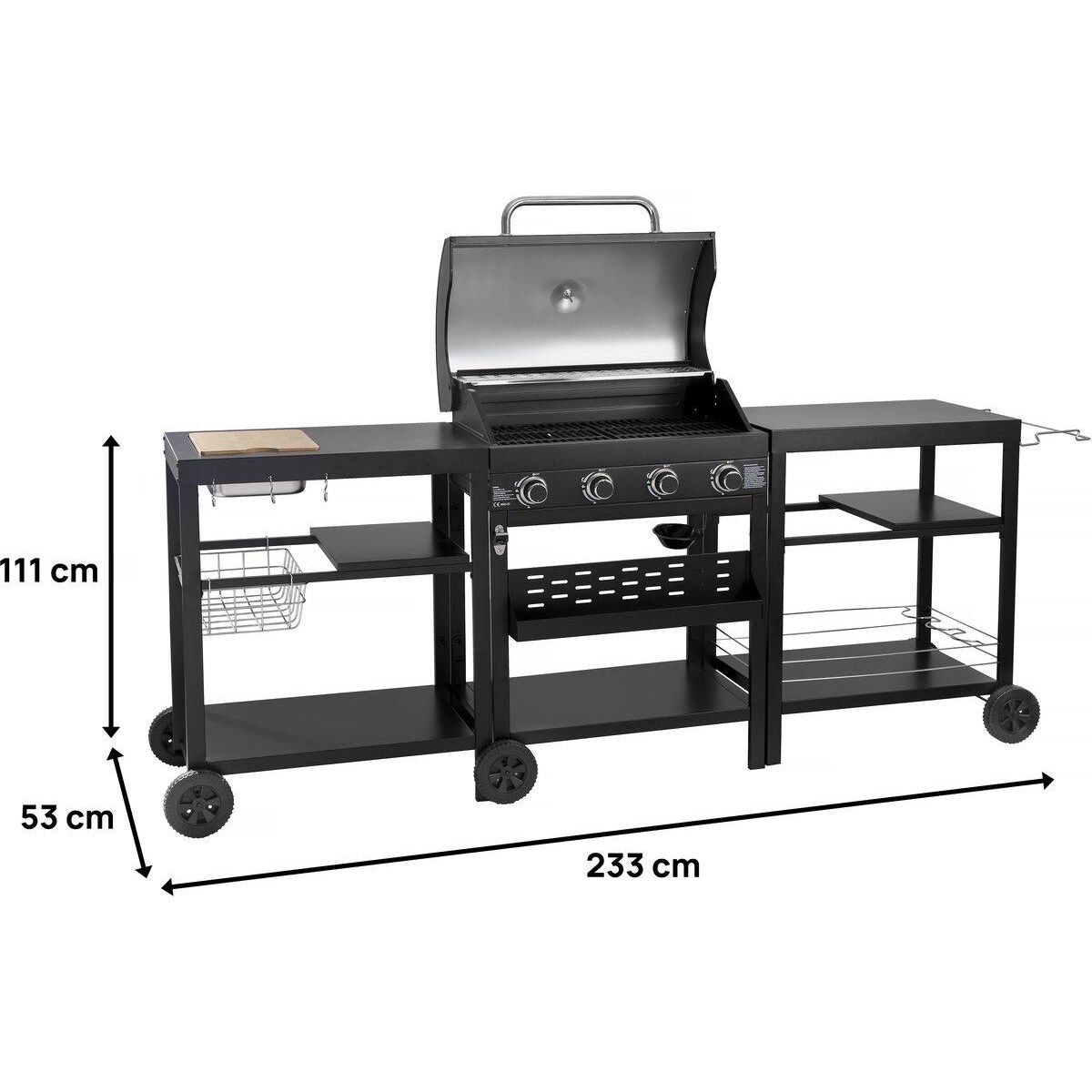 Habitat et Jardin Barbecue à gaz cuisine d'extérieur - 12 kw - 4 brûleurs - Noir