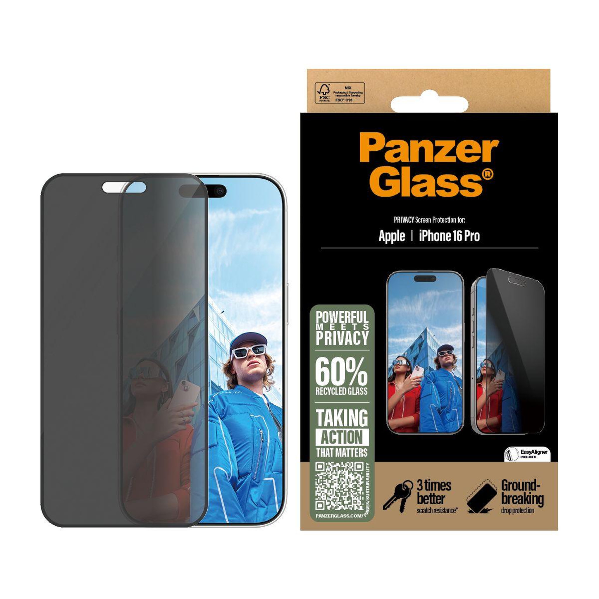 Voir la diapositive 2 : PANZERGLASS Protège écran iPhone 16 Pro Privacy verre trempé