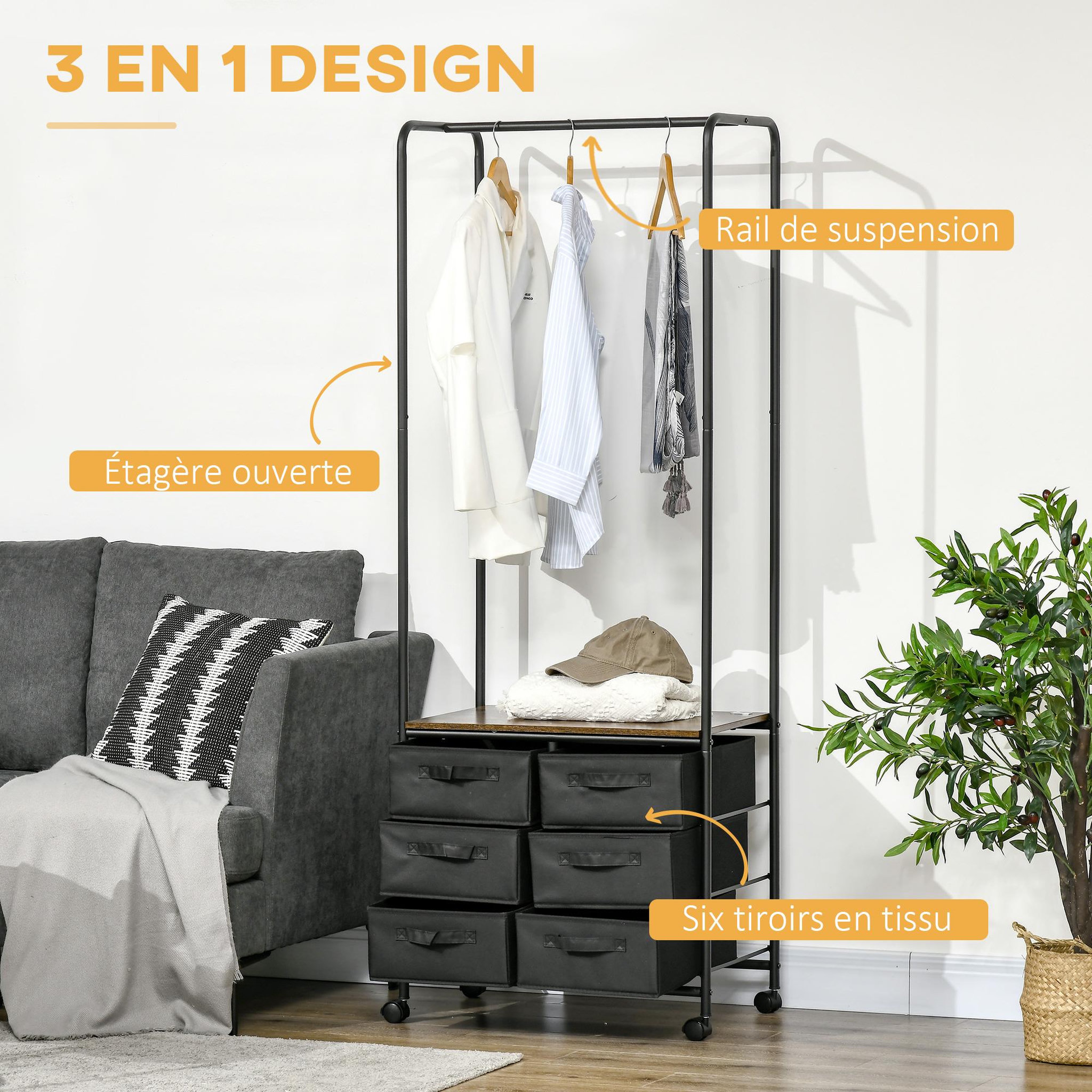 Voir la diapositive 4 : HOMCOM Penderie portant à vêtements style industriel sur roulettes 6 tiroirs barre penderie acier noir panneaux aspect bois