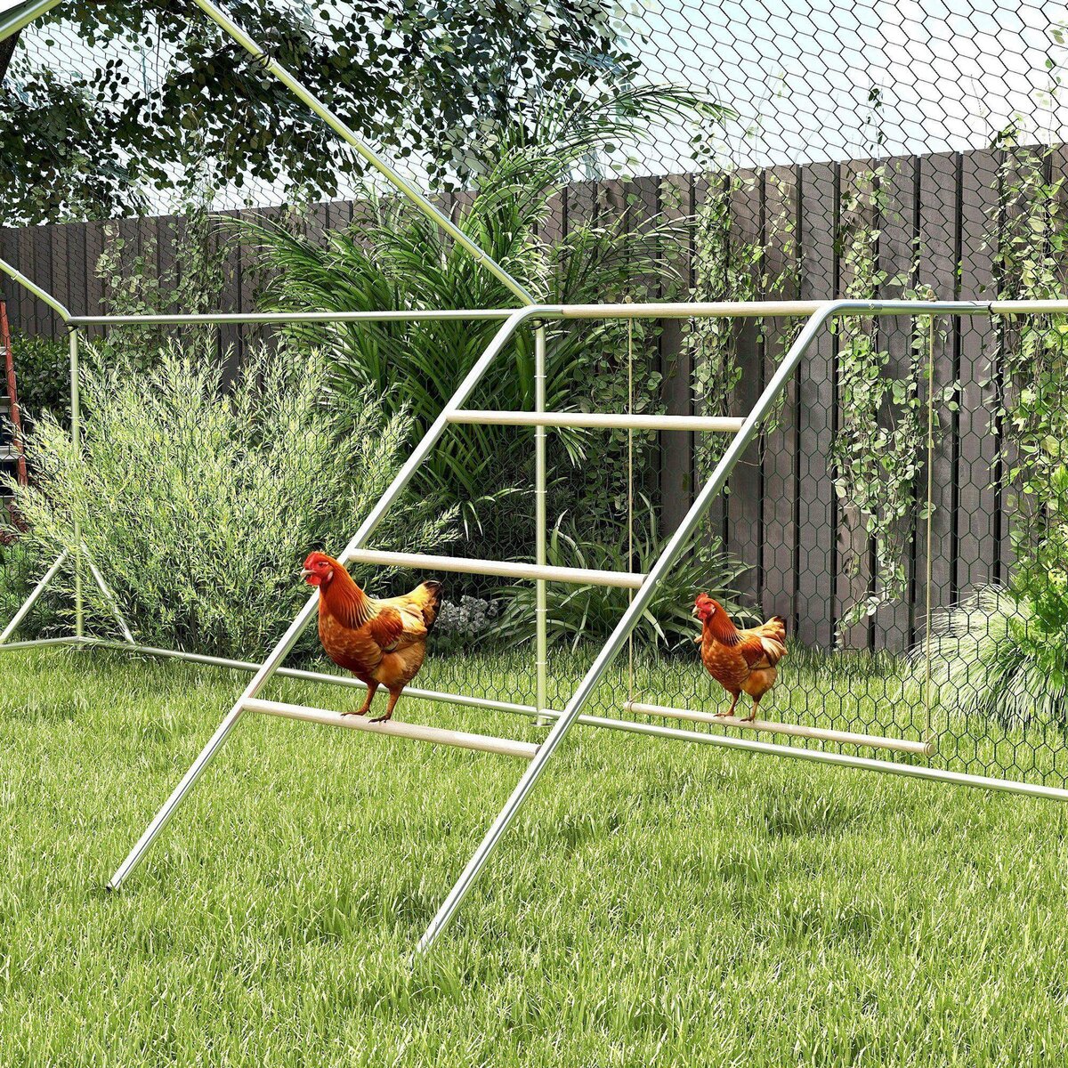 PAWHUT Perchoir balançoire pour poule - aire de jeu chicken activity - 150 x 82 x 110 cm - acier chromé bois verni