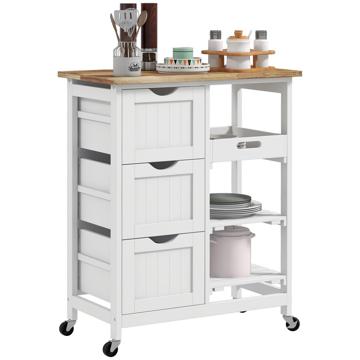 HOMCOM Desserte de cuisine multi-rangement - 3 tiroirs, 2 étagères, plateau amovible - MDF blanc bois hévéa