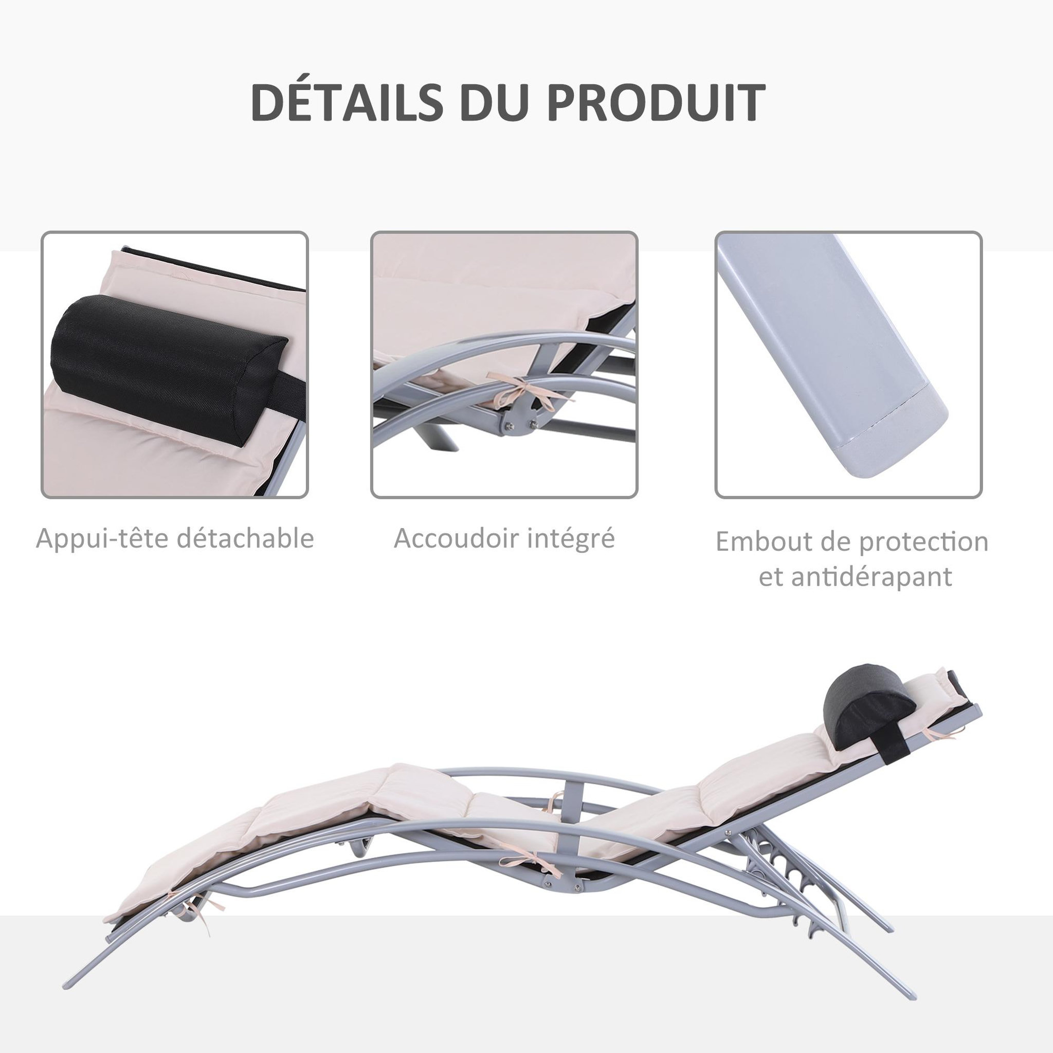 Voir la diapositive 6 : OUTSUNNY Bain de soleil transat design contemporain inclinable multi-positions avec matelas et tétière dim. 170L x 64l x 82H cm alu textilène beige
