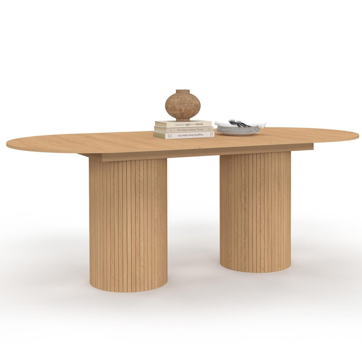 ID MARKET Table à manger extensible ovale JULIETTE  6-10 personnes pieds cylindriques effet lattes 160-200 cm