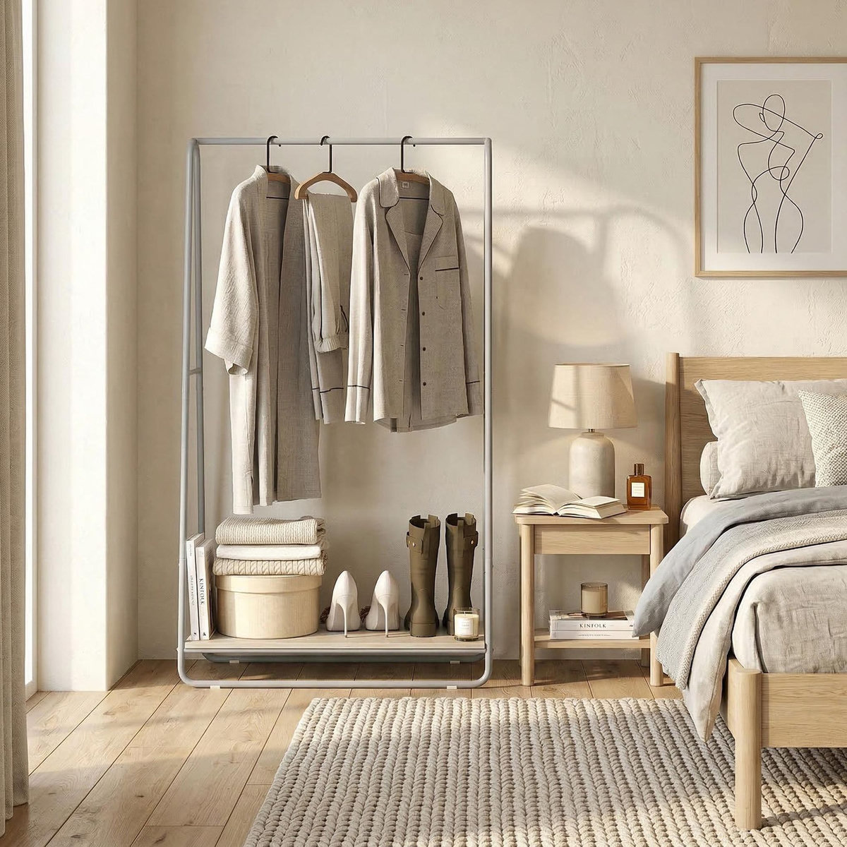 HOMCOM Portant penderie droit métal avec étagère bois 80 x 44 x 140 cm