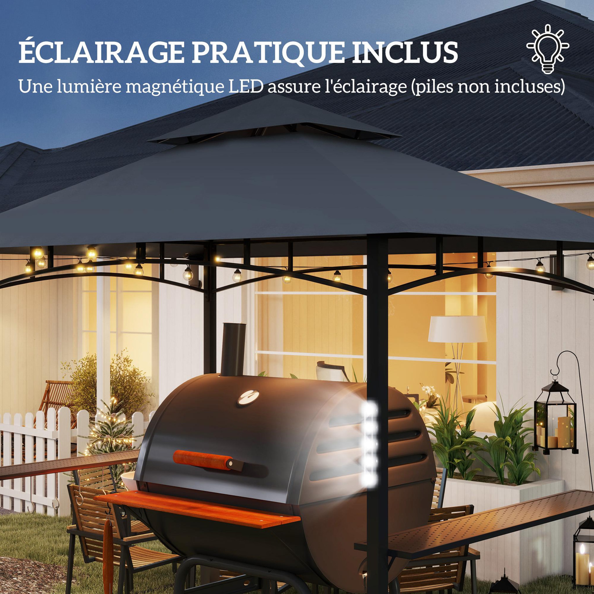 Voir la diapositive 5 : OUTSUNNY Abri pour barbecue - 2 étagères, 8 crochets, lumière LED, décapsuleur - métal noir tissu gris