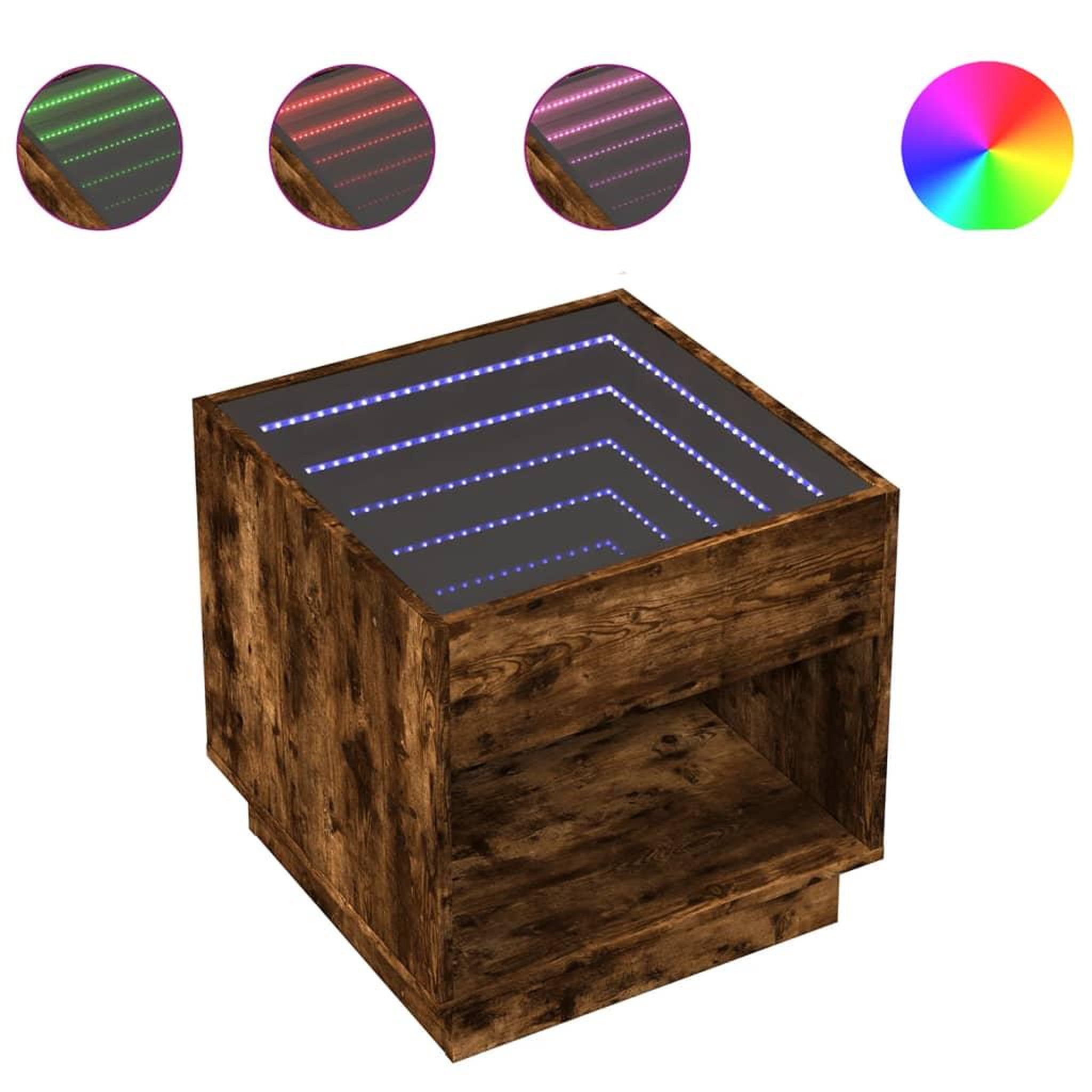 Voir la diapositive 2 : VIDAXL Table basse avec LED Infinity chene fume 50x50x50 cm