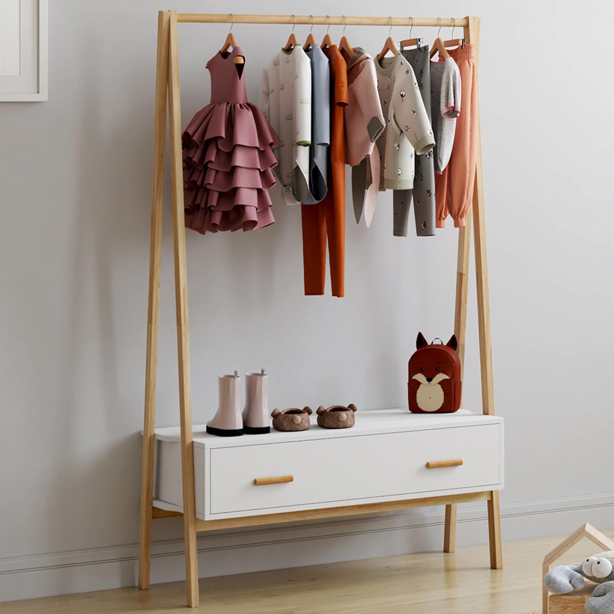 Voir la diapositive 2 : ID MARKET Portant enfant tipi leon 130 cm avec 1 porte blanc et bois