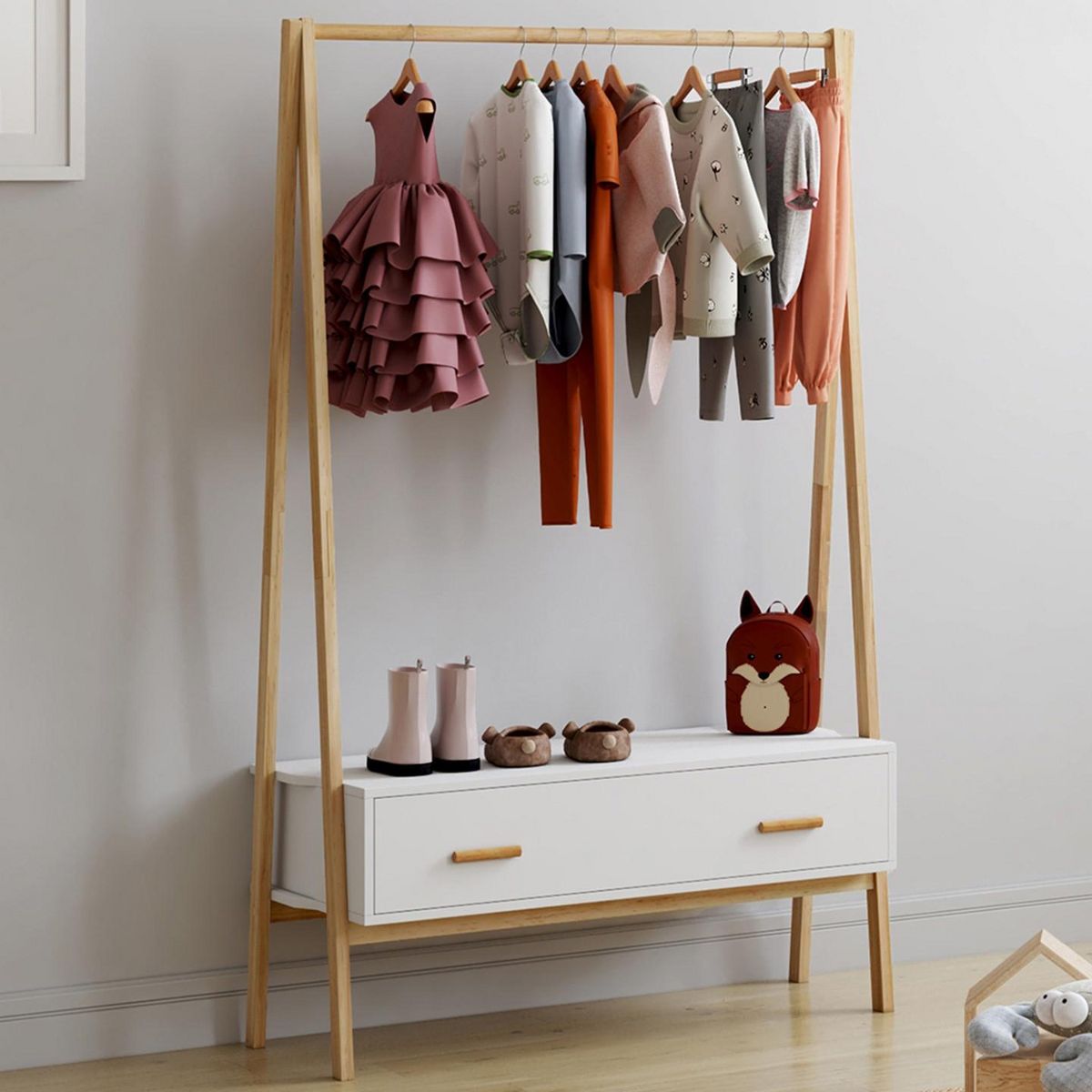 ID MARKET Portant enfant tipi LEON 130 cm avec 1 porte blanc et bois