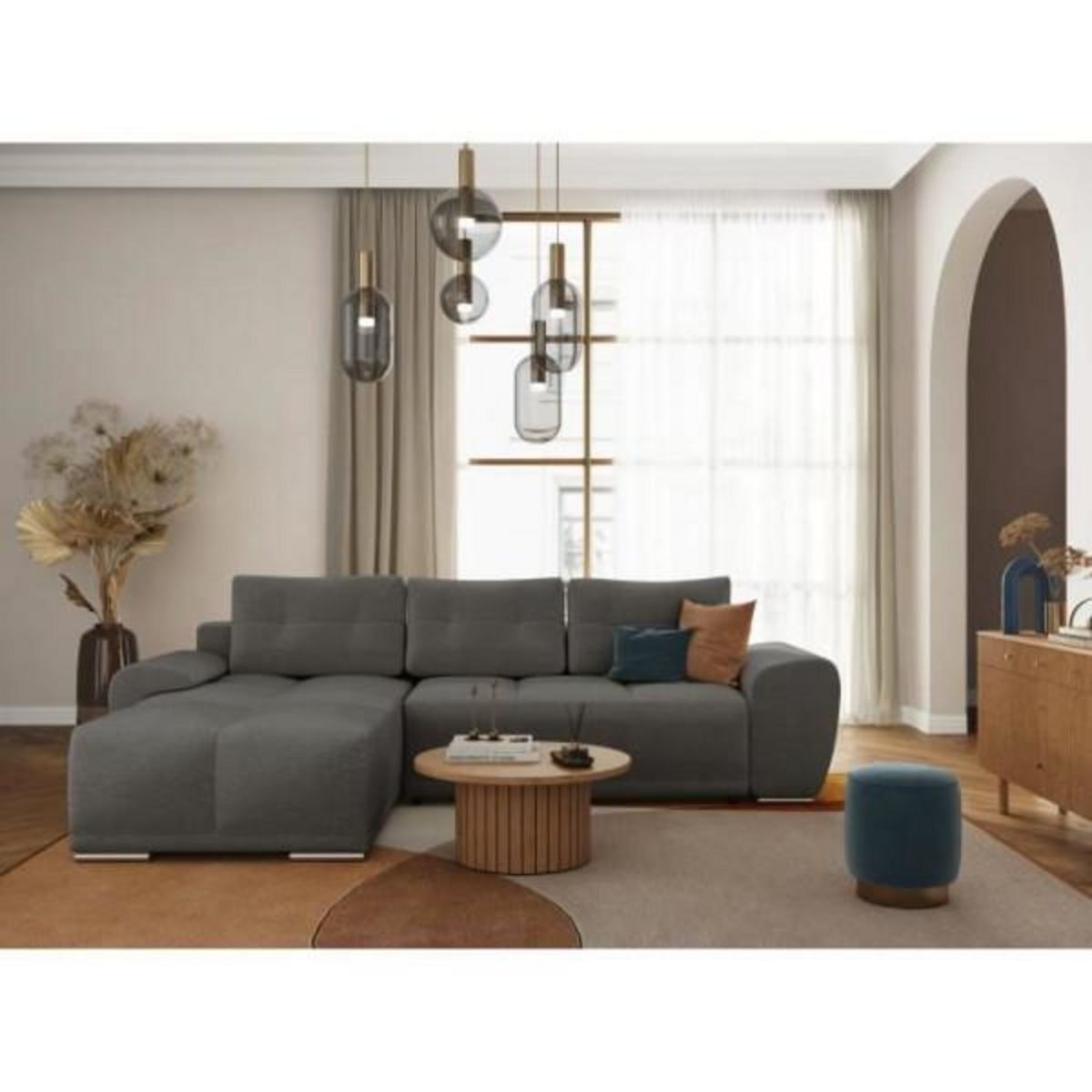 LOUNGITUDE Canapé d'angle gauche 4 places convertible CASSANDRA avec coffre en tissu - Gris - L270 x P181 x H89cm - LOUNGITUDE