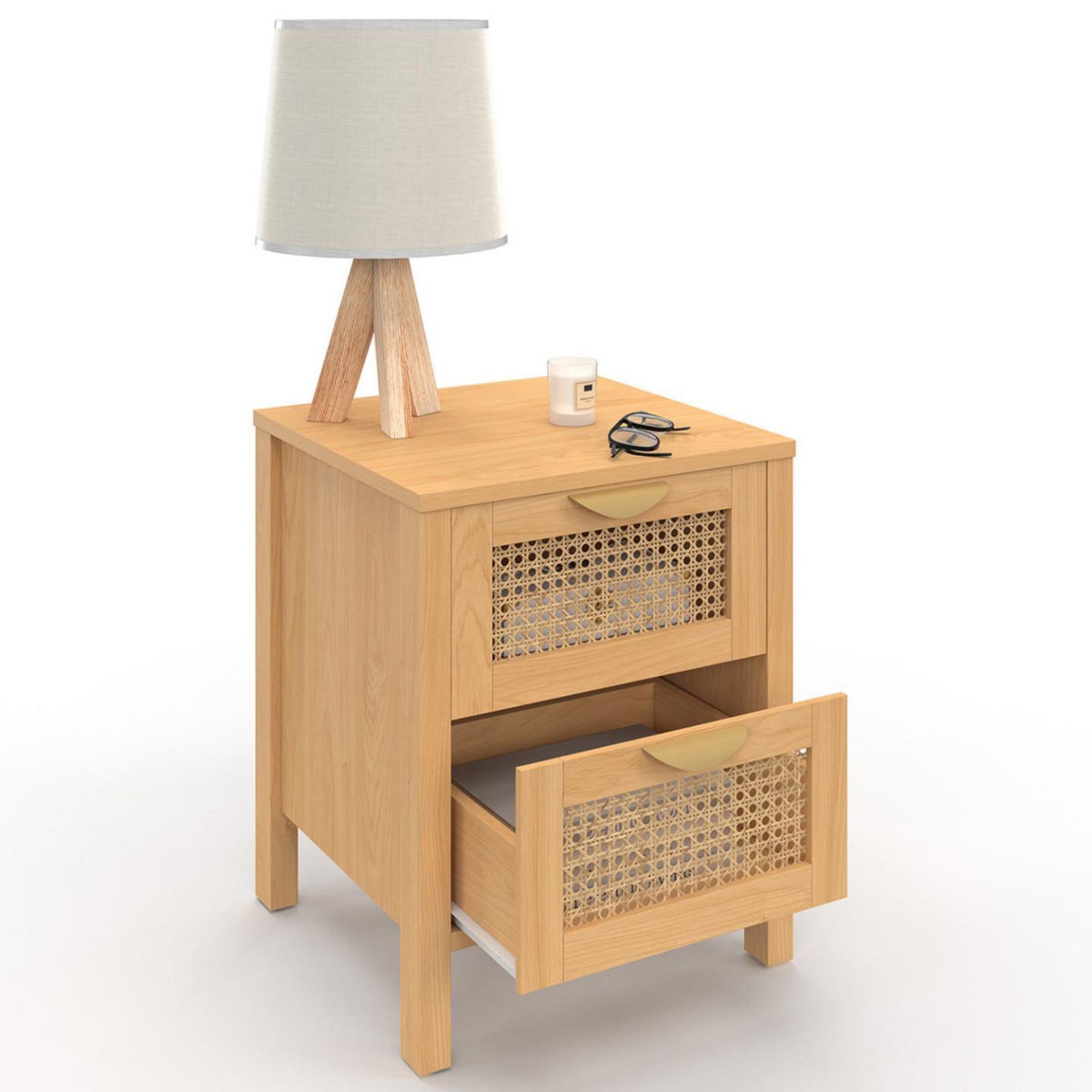 ID MARKET Lot de 2 tables de chevet EDHEN 2 tiroirs cannage et bois