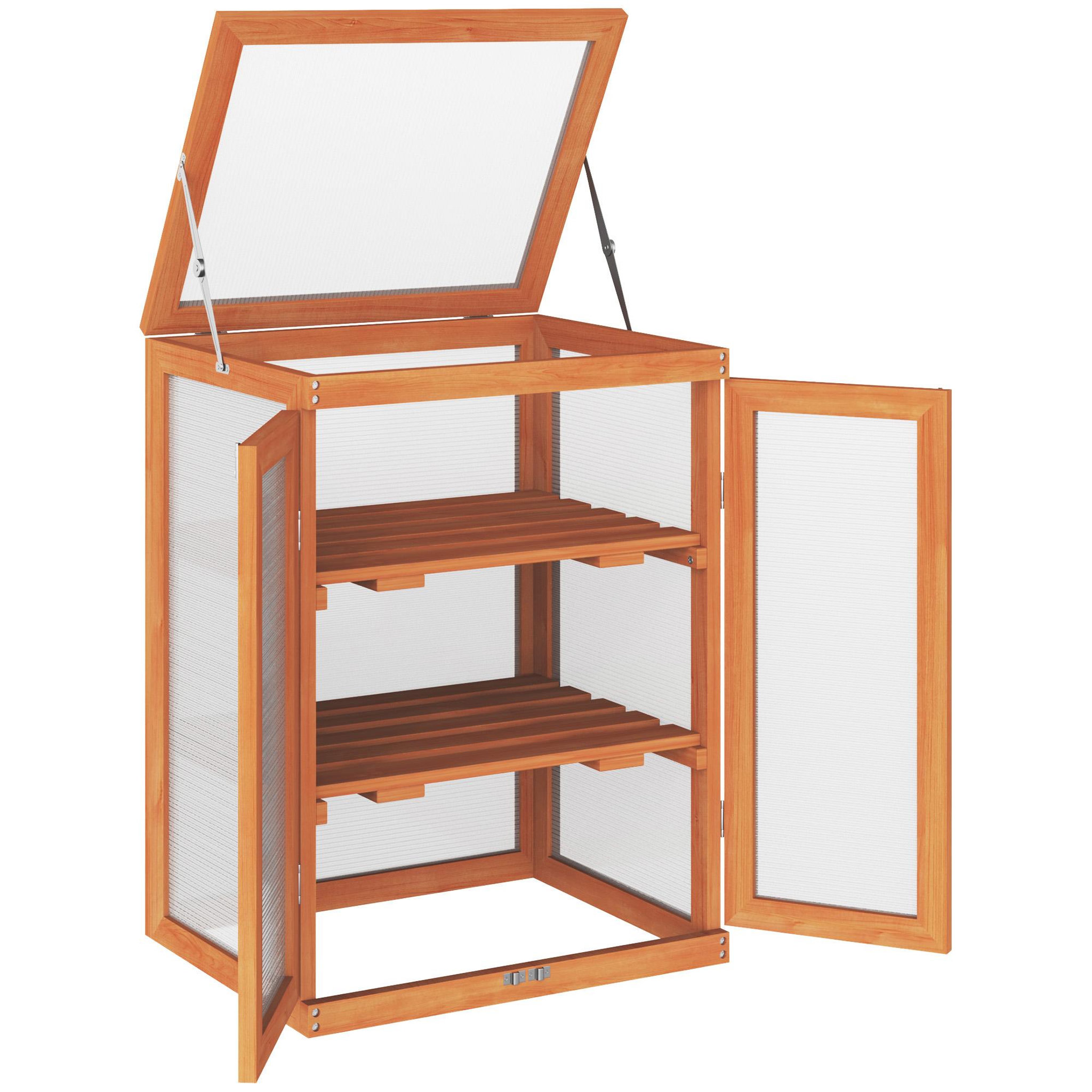 Voir la diapositive 1 : OUTSUNNY Mini serre de jardin 3 niveaux dim. 58L x 44l x 78H cm double porte toit ouvrant bois sapin lasuré polycarbonate