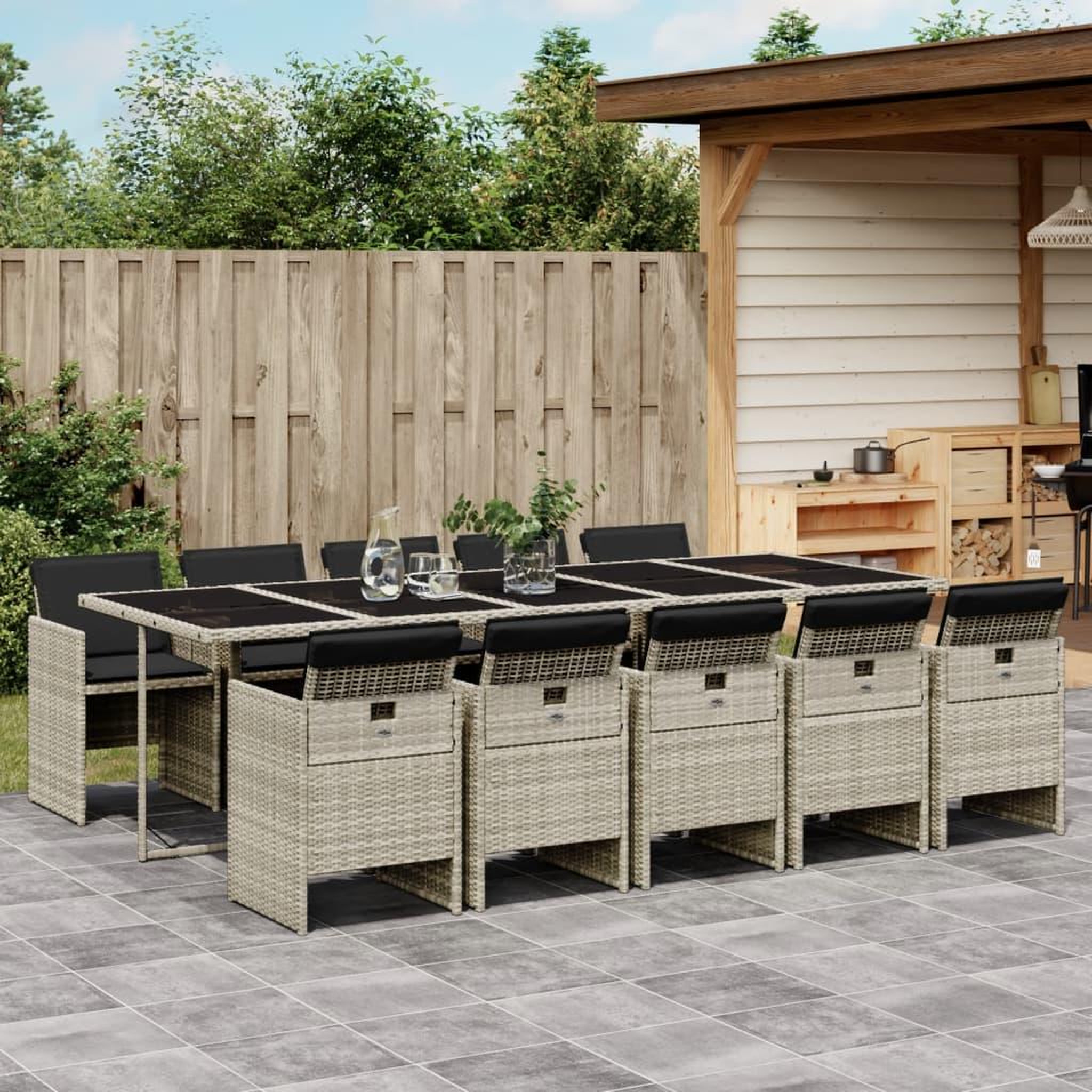 VIDAXL Ensemble a manger de jardin 11pcs avec coussins gris poly rotin