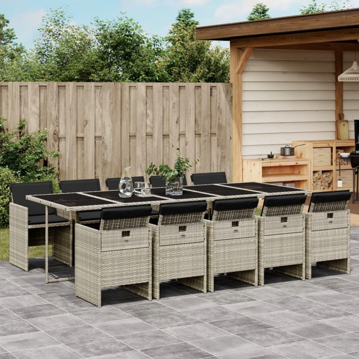 VIDAXL Ensemble a manger de jardin 11pcs avec coussins gris poly rotin