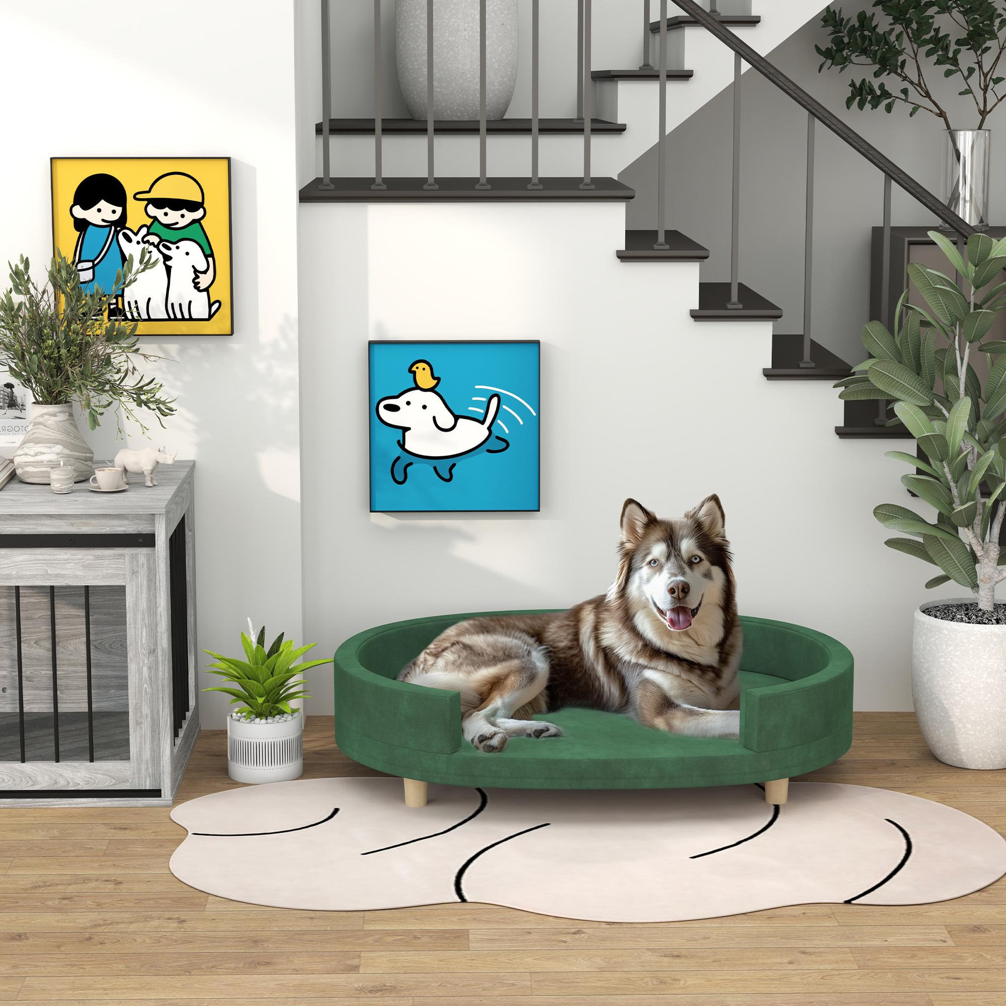 Voir la diapositive 2 : PAWHUT Canapé chien style nordique grande taille dim. 100l x 70l x 25h cm  - coussin amovible - piètement bois velours vert