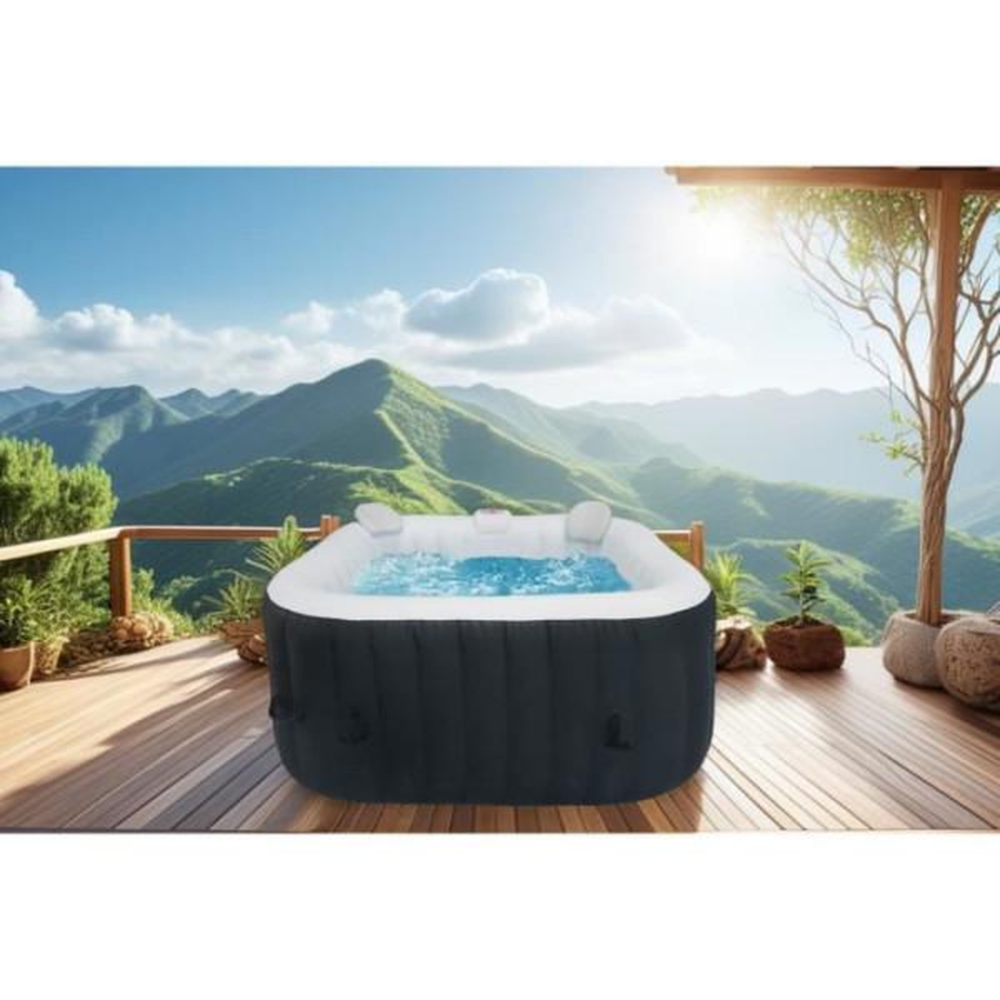 Voir la diapositive 6 : SUNSPA KIT TOUT INCLUS SPA et accessoires : spa gonflable carré 4 places avec 2 appuis tetes, filtre, épuisette, brosse, tapis, couve