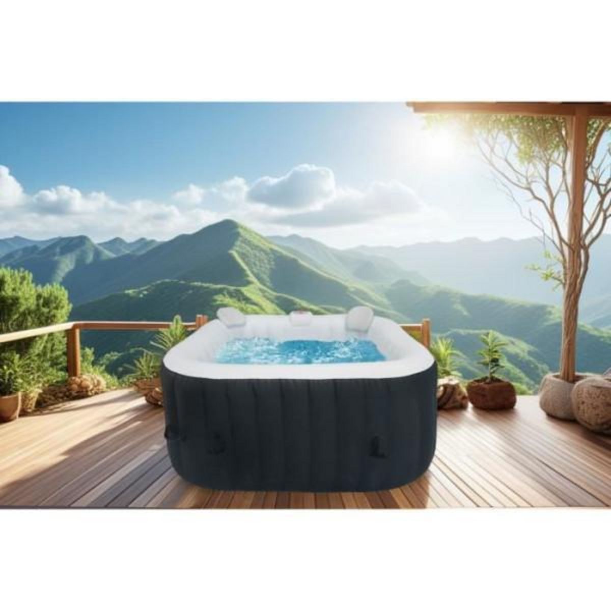 SUNSPA KIT TOUT INCLUS SPA et accessoires : spa gonflable carré 4 places avec 2 appuis tetes, filtre, épuisette, brosse, tapis, couve
