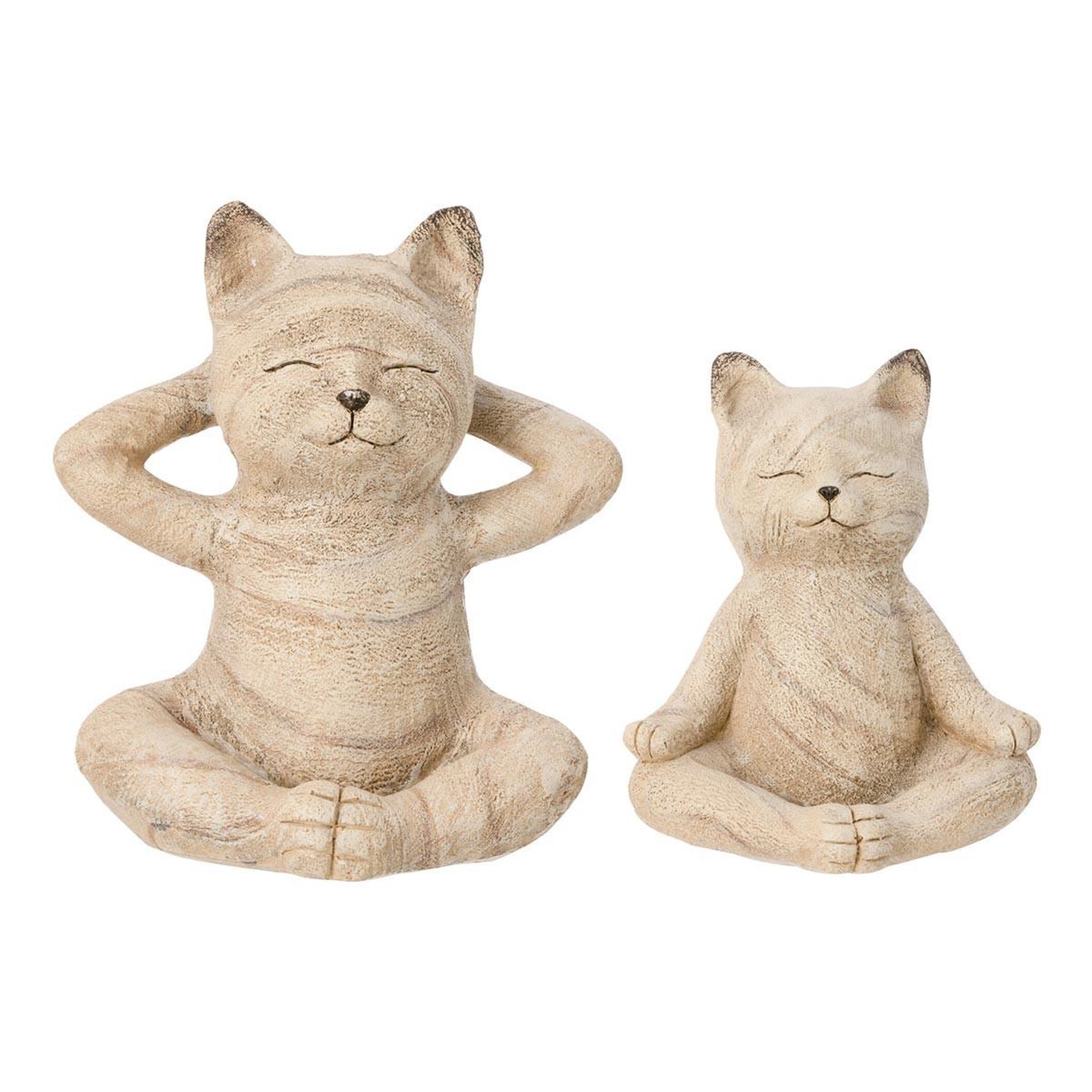 J-LINE Lot de 2 statuettes chats  yoga  20cm naturel