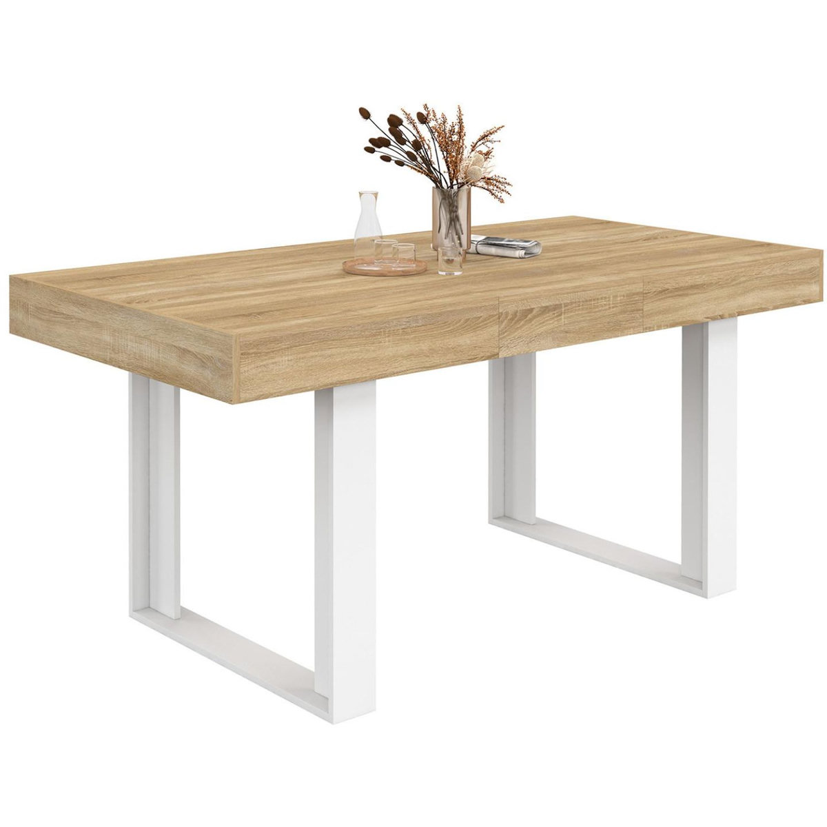 ID MARKET Table à manger extensible rectangle PHOENIX 4-6 personnes bois et blanc 120-160 cm