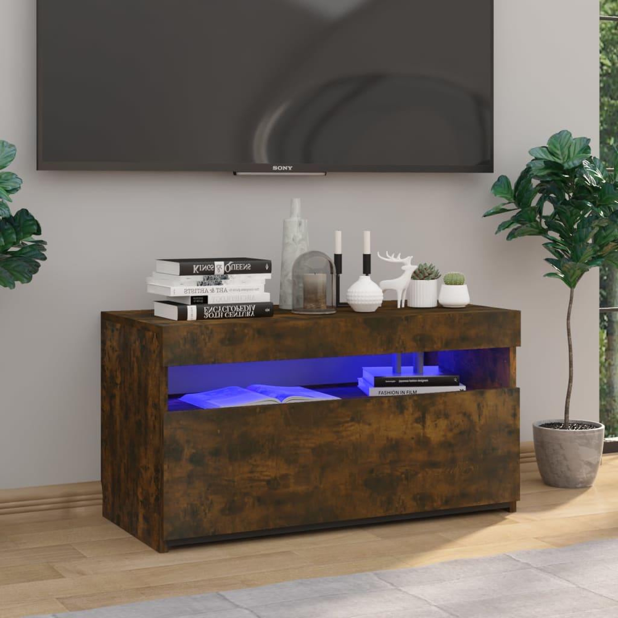 Voir la diapositive 1 : VIDAXL Meuble TV avec lumieres LED Chene fume 75x35x40 cm
