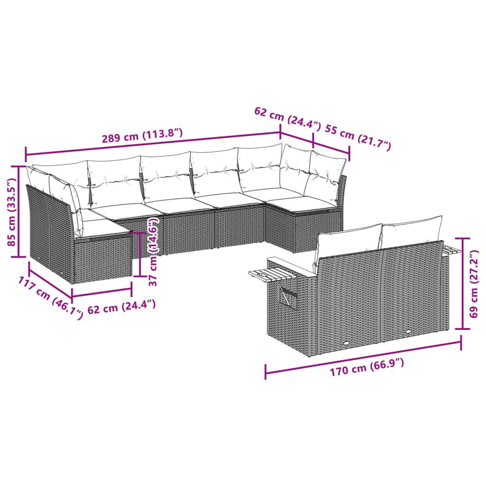 Voir la diapositive 3 : VIDAXL Salon de jardin avec coussins 9 pcs beige resine tressee