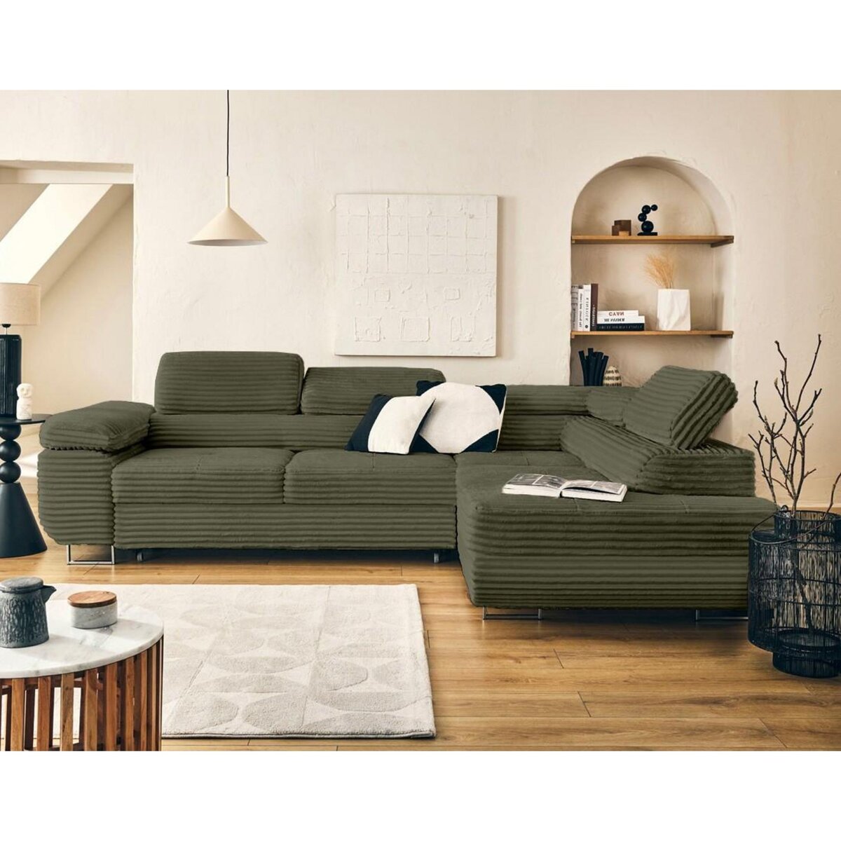 LISA DESIGN Zaria - canapé d'angle droit 5 places convertible avec coffre et têtières en velours côtelé grosses côtes