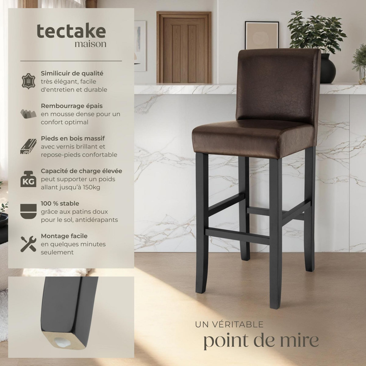 tectake Tabouret de bar rembourré avec dossier marron lot de 2